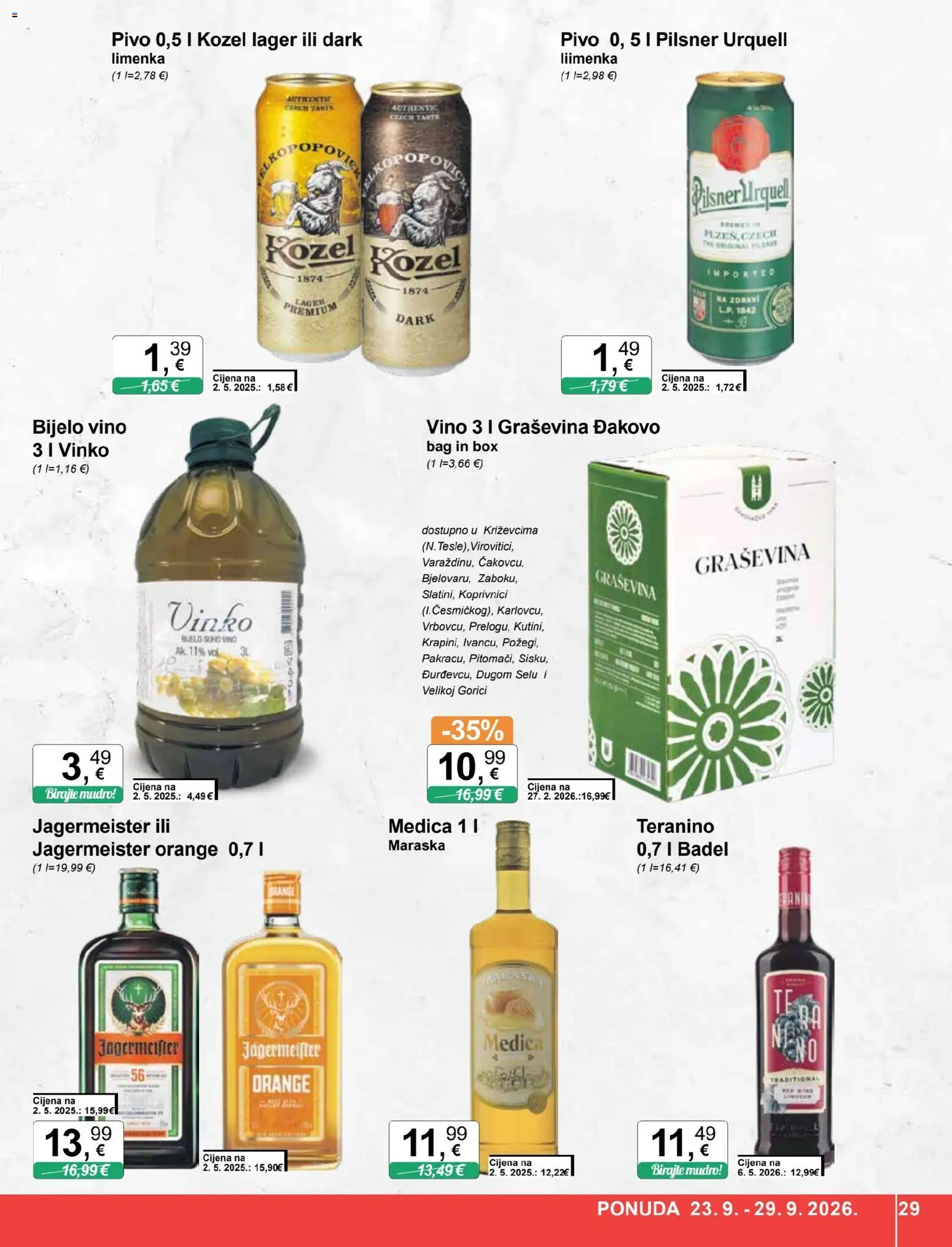 KTC katalog | vrijedi od 23.09.2026 | Stranica: 29 | Proizvodi: Kozel, Bijelo vino, Jägermeister, Vino