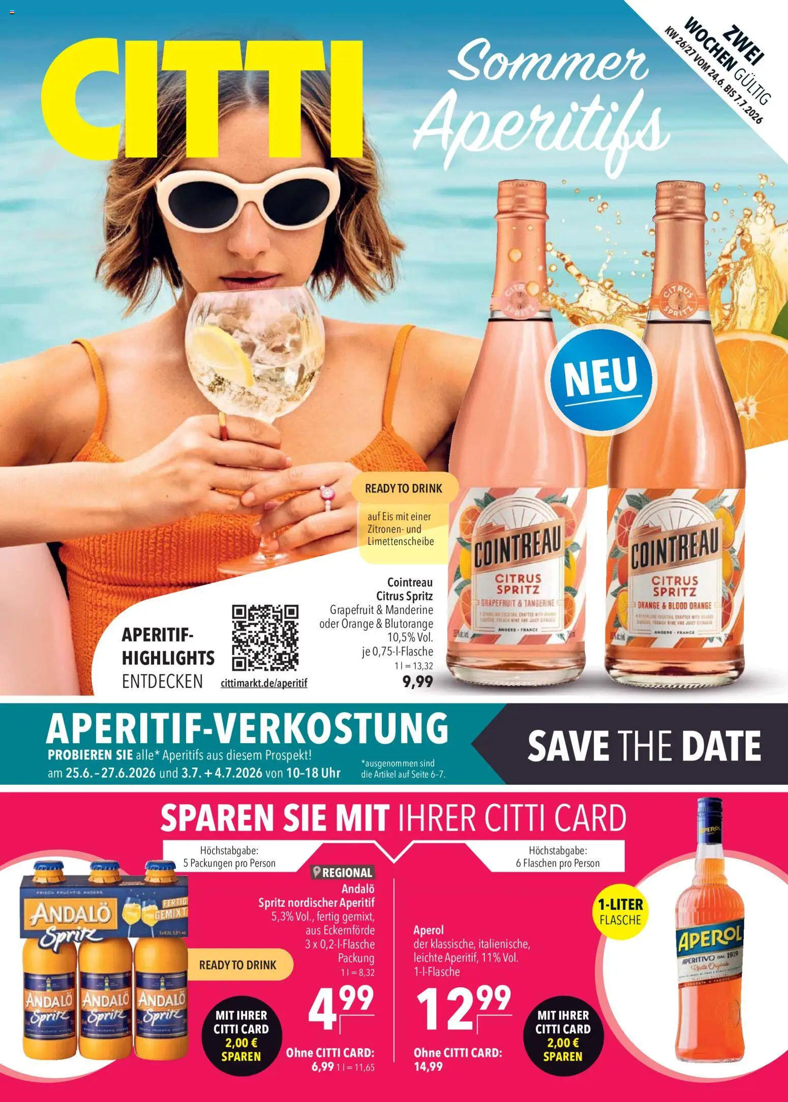 CITTI Markt Sommer Aperitifs – gültig ab 24.06.2026 | Seite: 1 | Produkte: Sprite, Grapefruit, Eis, Uhr