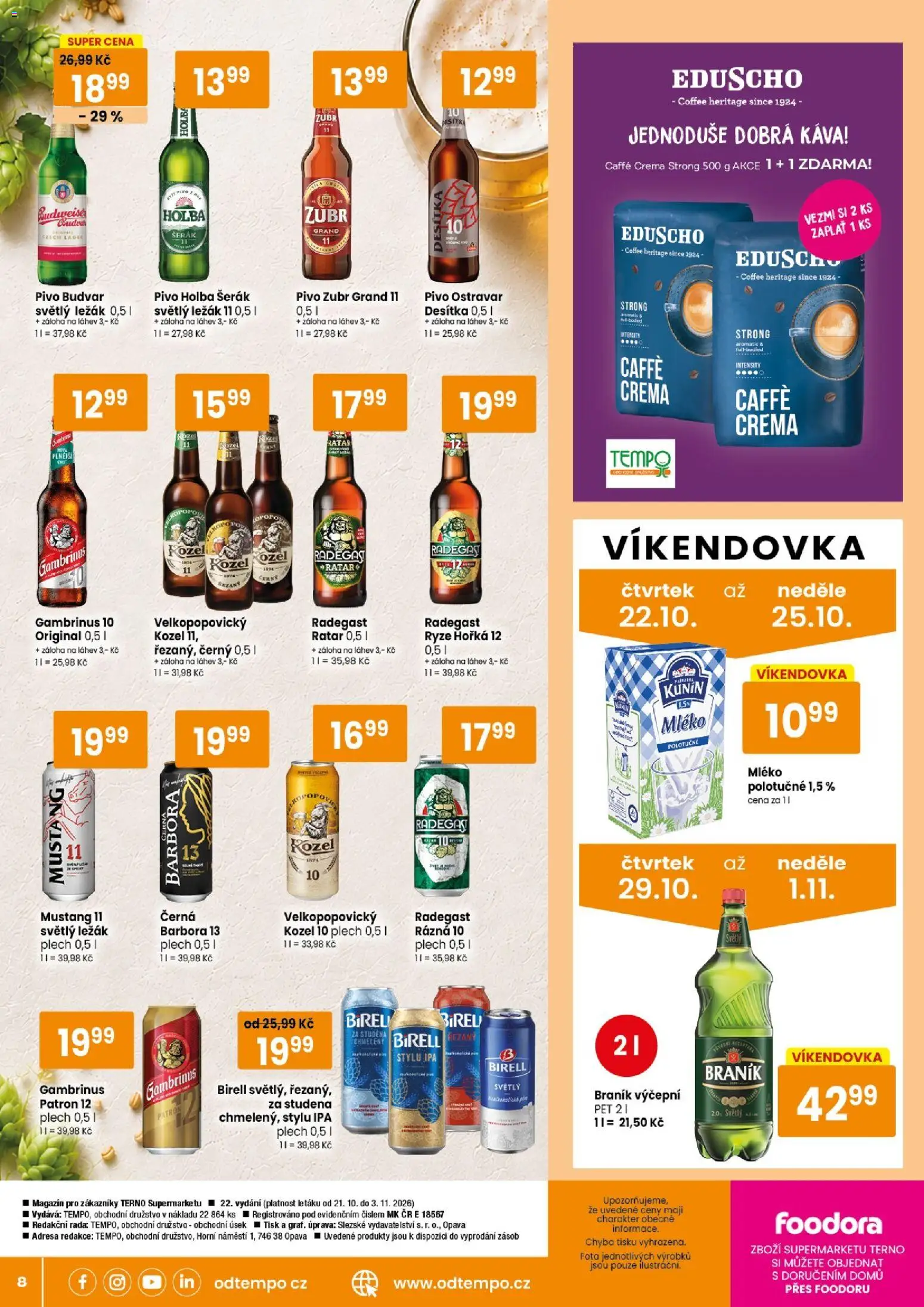 Tempo leták od 21.10.2026 | Strana: 8 | Produkty: Mléko, Radegast, Gambrinus 10, Láhev