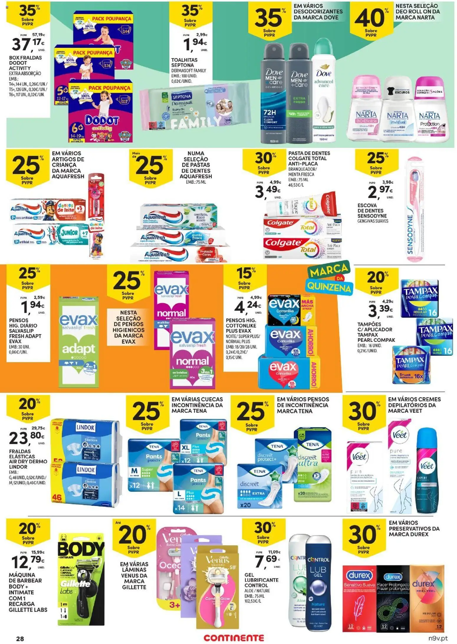 Continente Toda a gente poupa em tudo │ válido de 29/10/2026 | Página: 28 | Produtos: Fraldas dodot, Antitranspirante, Lindor, Cuecas