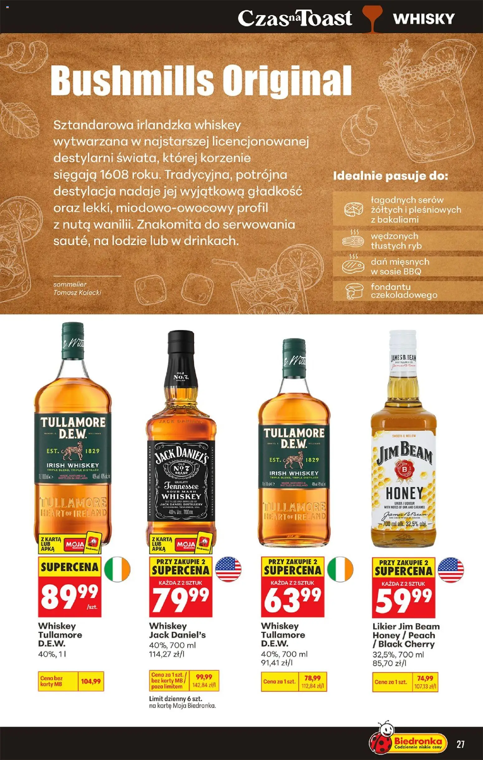 Biedronka gazetka - Czas na toast od 21.09.2026 | Strona: 29 | Produkty: Irish whiskey, Jim beam honey, Jack Daniel's, Whisky