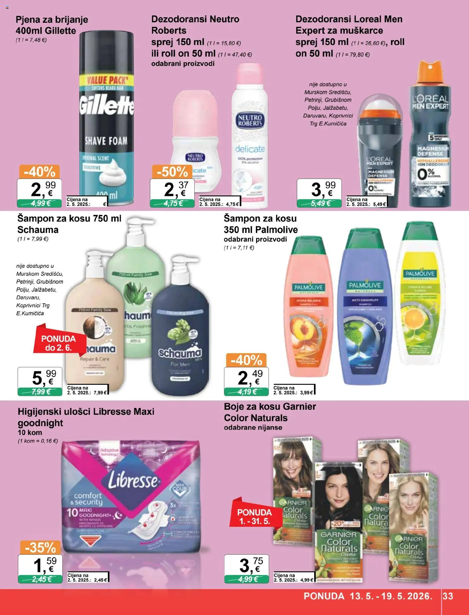 KTC katalog | vrijedi od 13.05.2026 | Stranica: 33 | Proizvodi: Higijenski ulošci, Šampon, Pjena za brijanje, Garnier