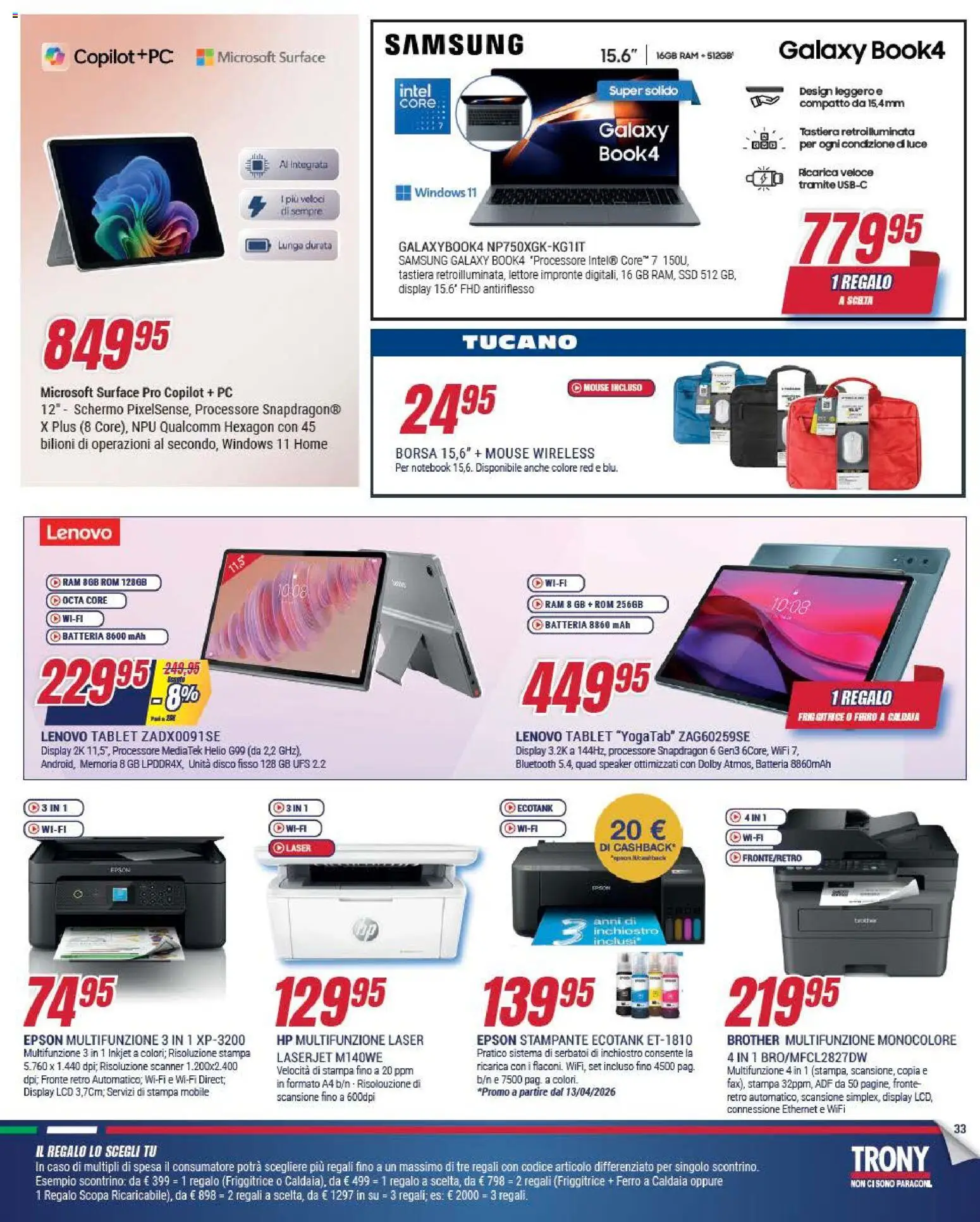 Volantino Trony del 09.04.2026 | Pagina: 33 | Prodotti: Schermo, Notebook, Samsung Galaxy, Borsa