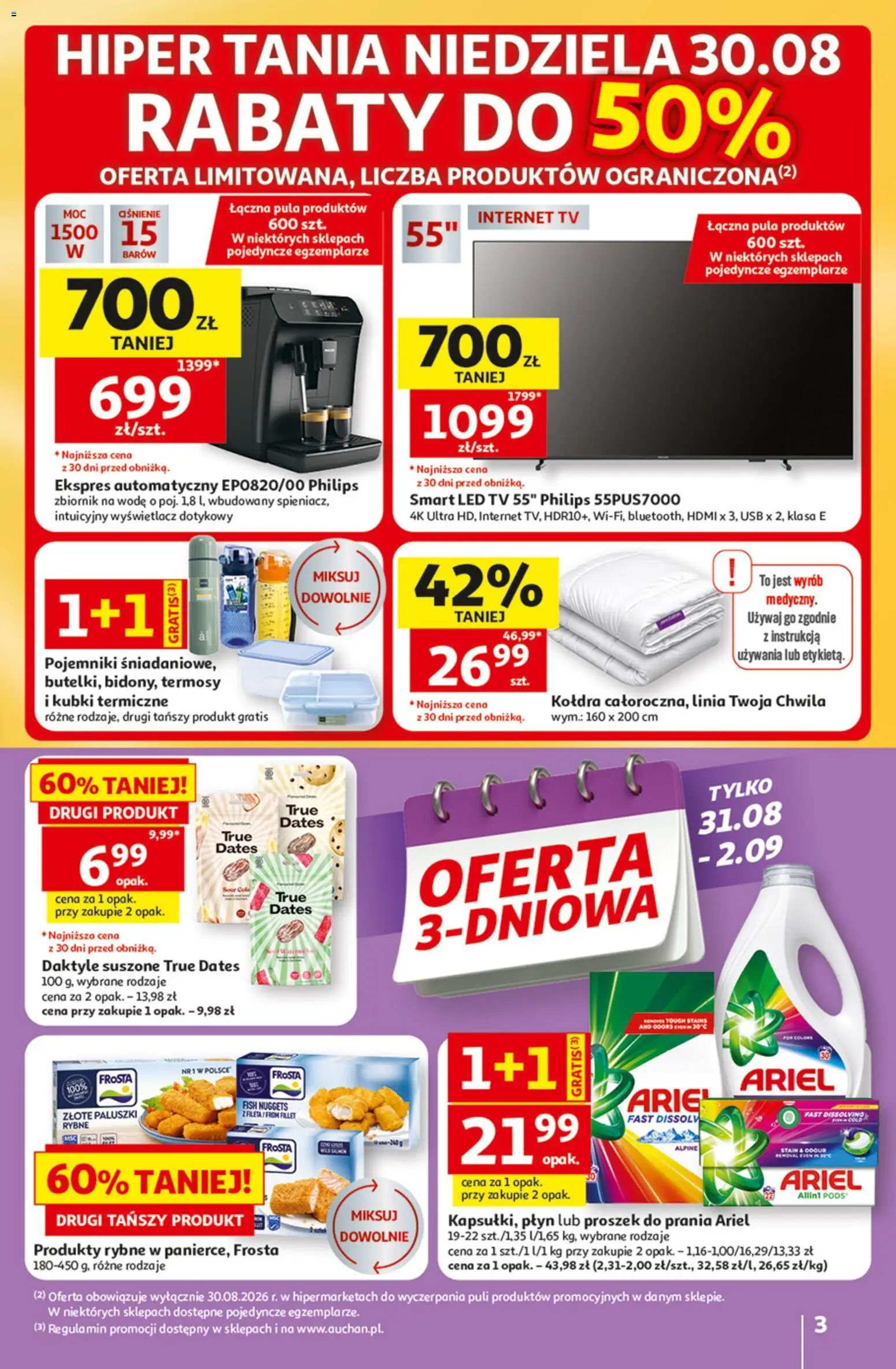 Auchan gazetka - 30 Lat Hipermarket od 27.08.2026 | Strona: 3 | Produkty: Daktyle, Frosta, Nuggets, Proszek do prania