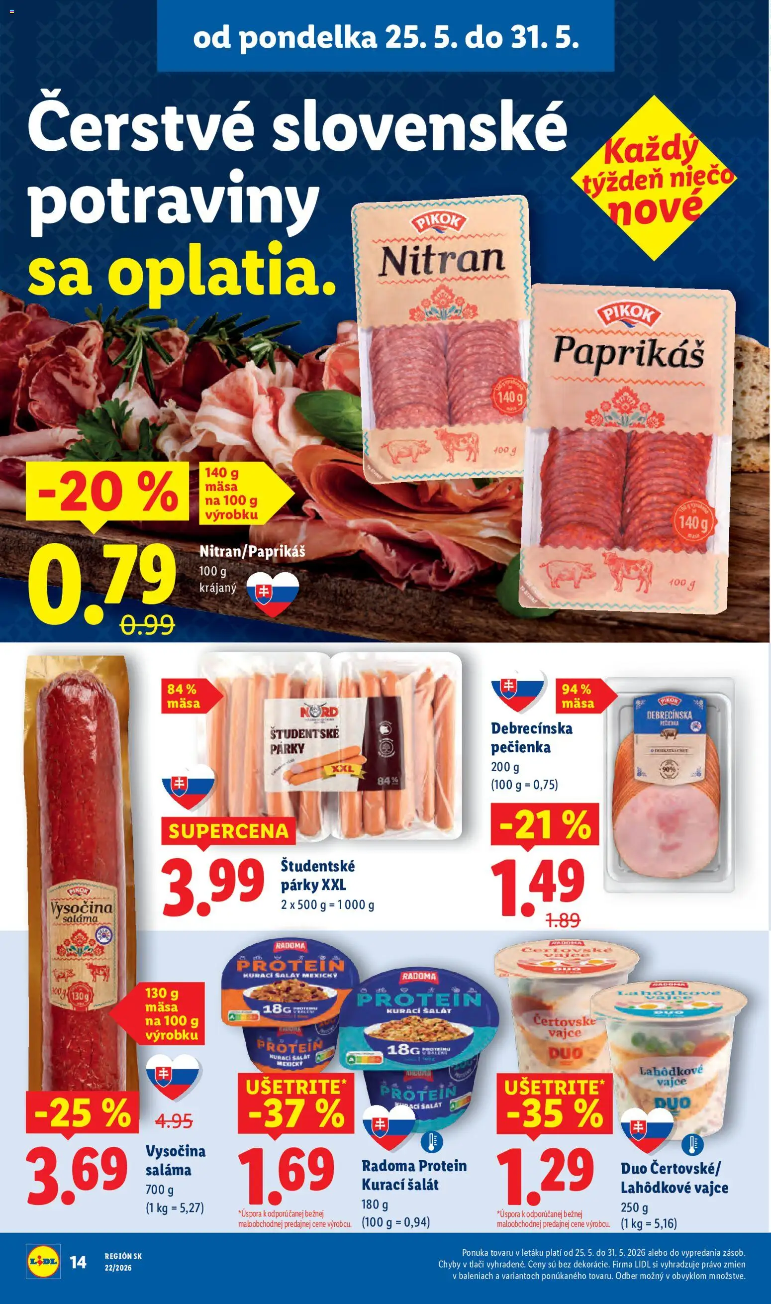 Nové Lidl akcie – leták je platný od 25.05.2026 | Strana: 20 | Produkty: Saláma, Protein, Šalát, Párky