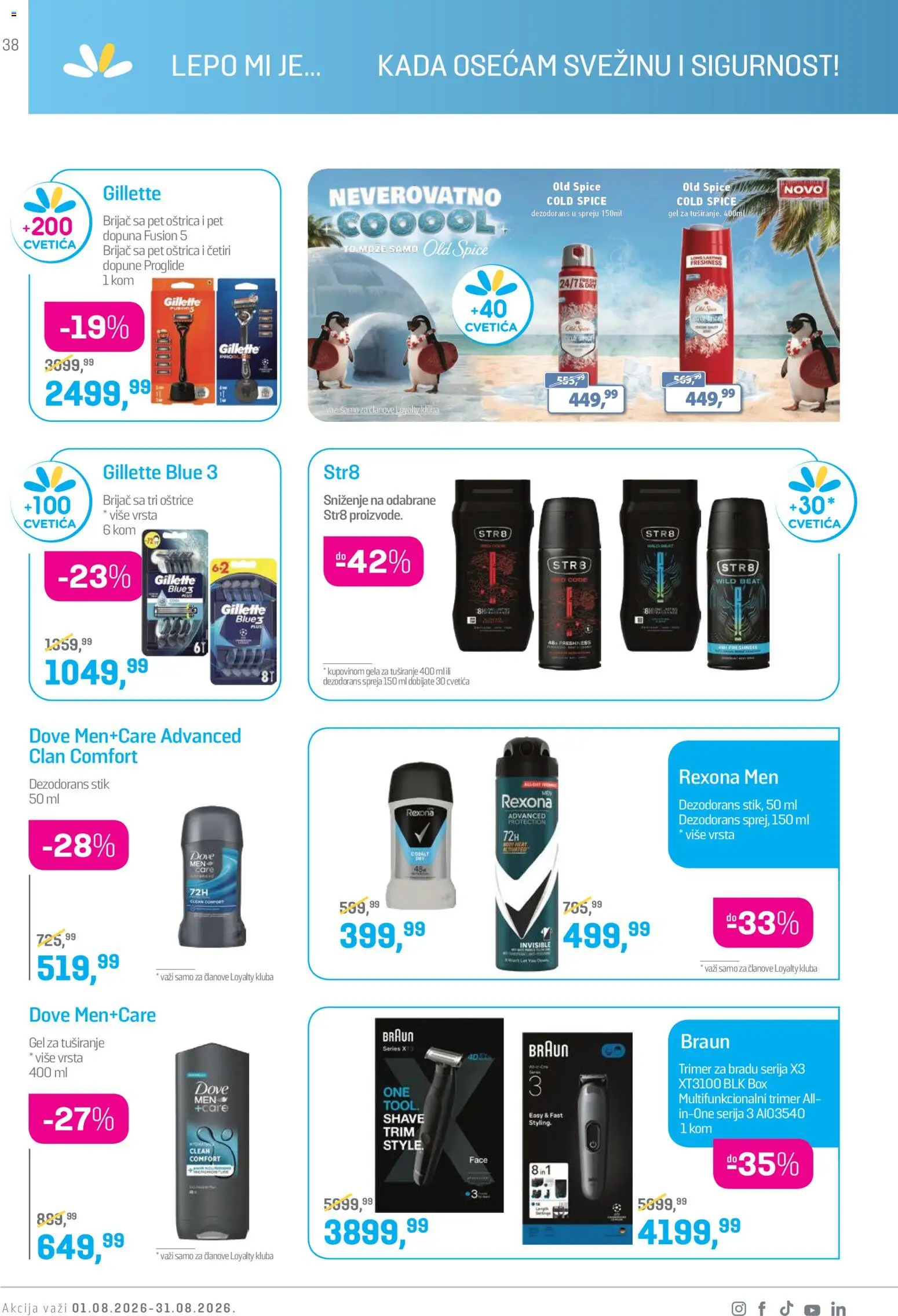Lilly drogerie katalog - važi od 01.08.2026 | Strana: 38 | Proizvode: Gillette, Brijač, Trimer, Gel za tuširanje
