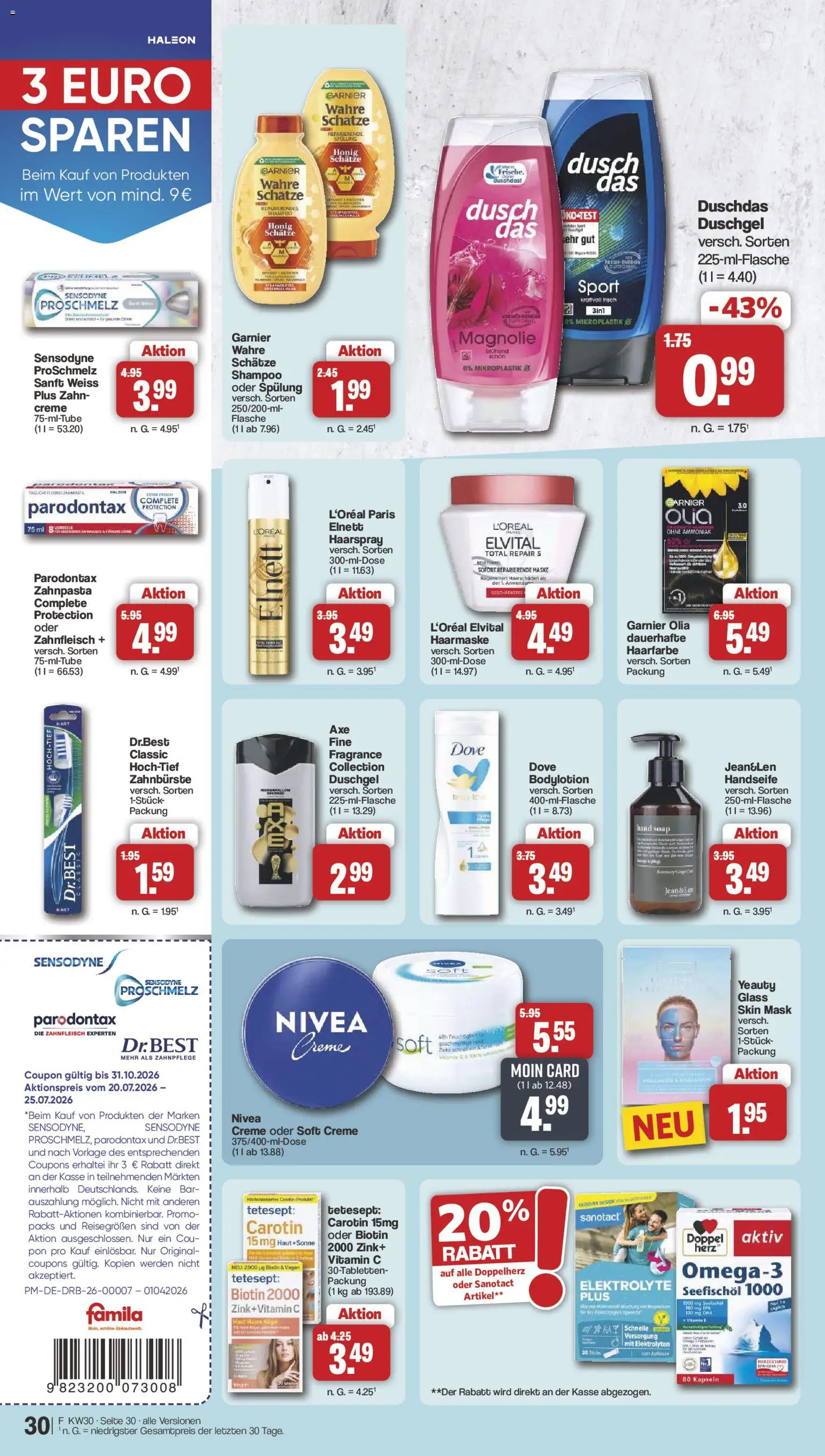 Famila Nordwest Prospekt – gültig ab 20.07.2026 | Seite: 32 | Produkte: Haarspray, Creme, Zahnpasta, Duschdas