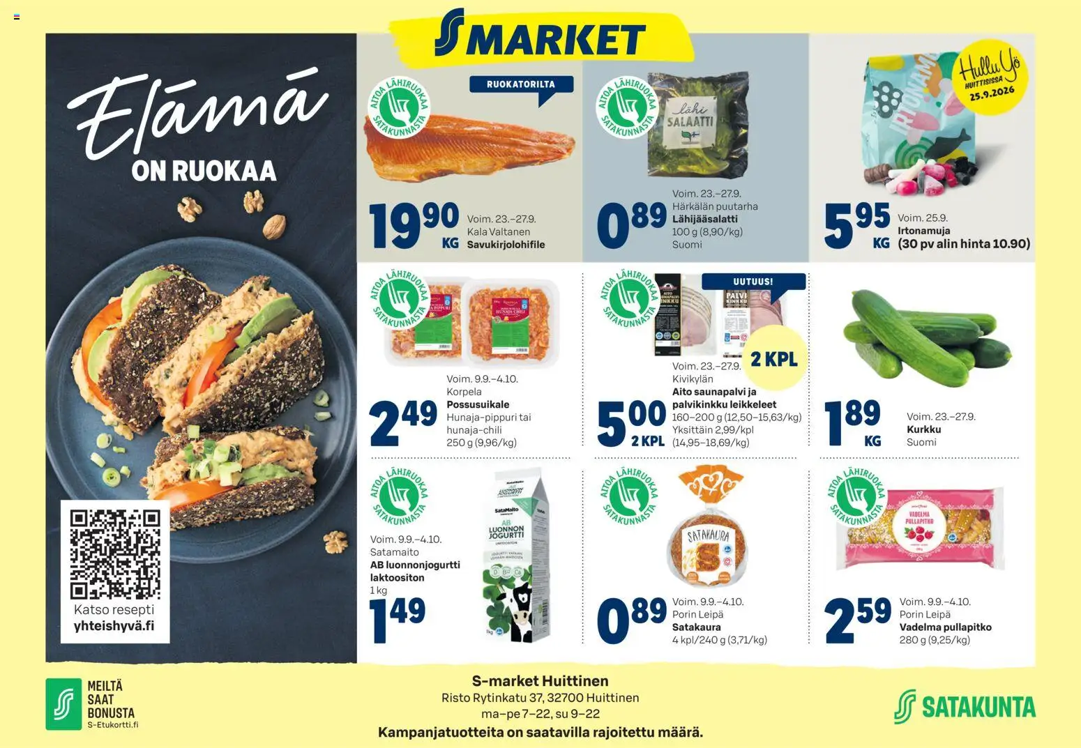 S-market Elámá Huittinen – voimassa 23/09/2026 alkaen | Sivu: 1 | Tuotteet: Akku, Jogurtti, Kala, Salaatti