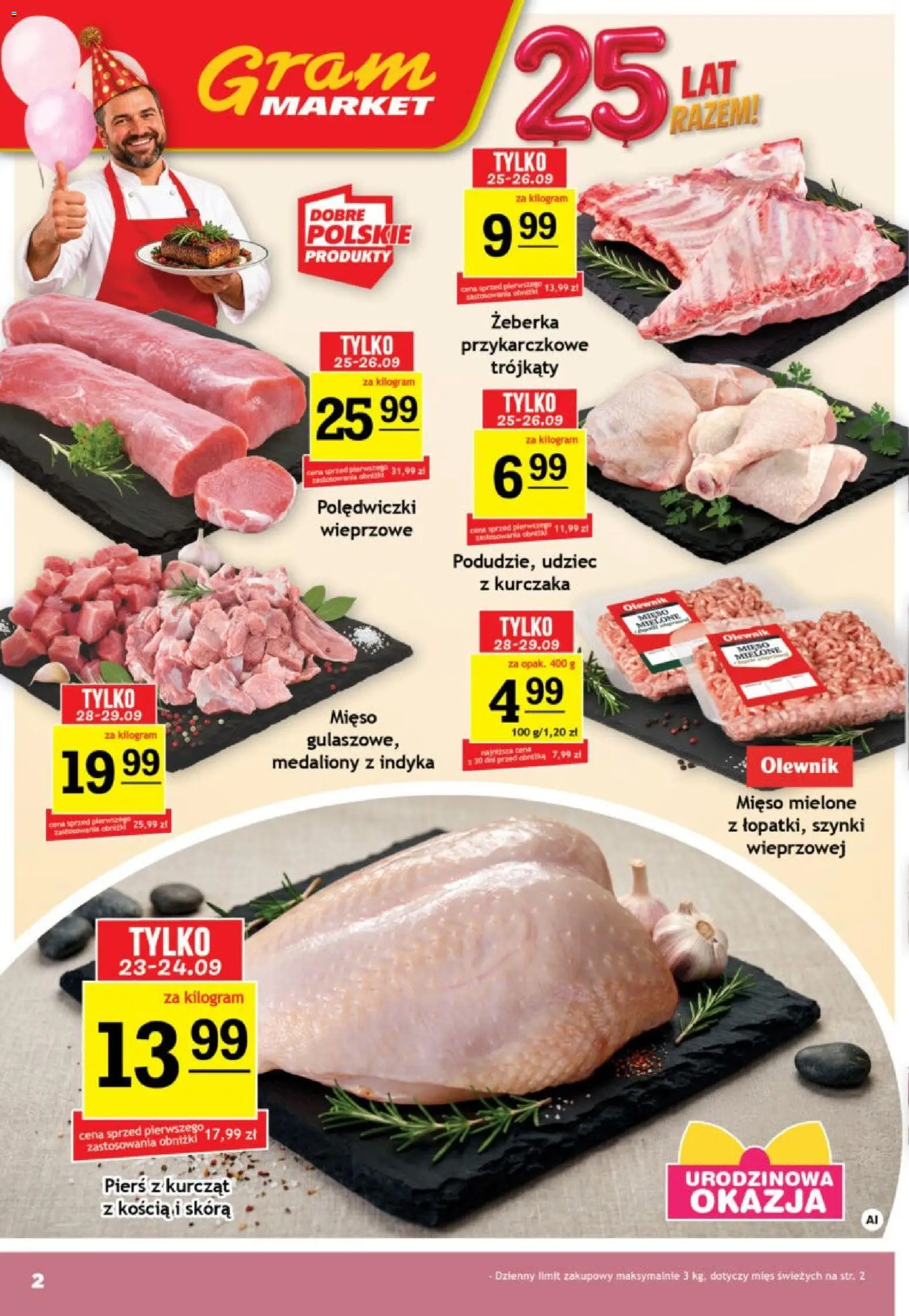 Gram Market gazetka od 23.09.2026 | Strona: 2 | Produkty: Żeberka, Mięso, Mięso mielone, Polędwiczki