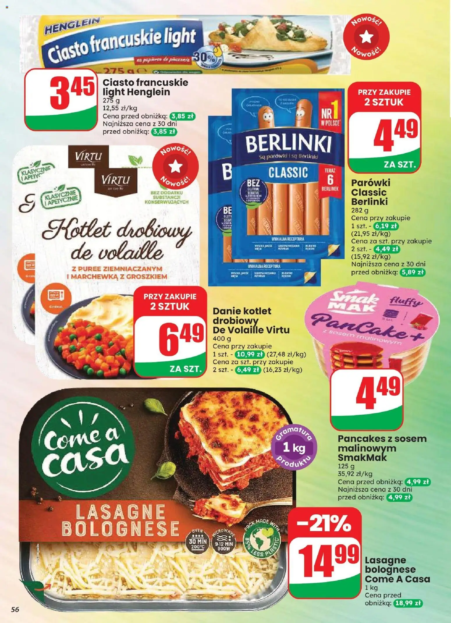Dino gazetka od 12.08.2026 | Strona: 56 | Produkty: Ciasto, Parówki, Lasagne bolognese, Marchewka z groszkiem