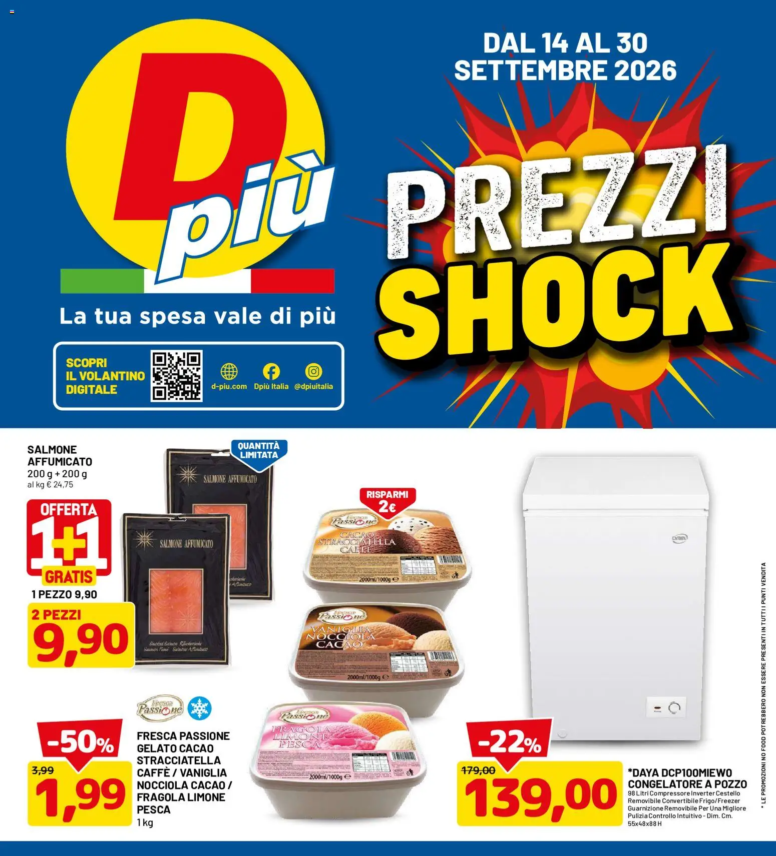 Volantino D Più del 14/09/2026 | Pagina: 1 | Prodotti: Salmone, Compressore, Limone, Congelatore