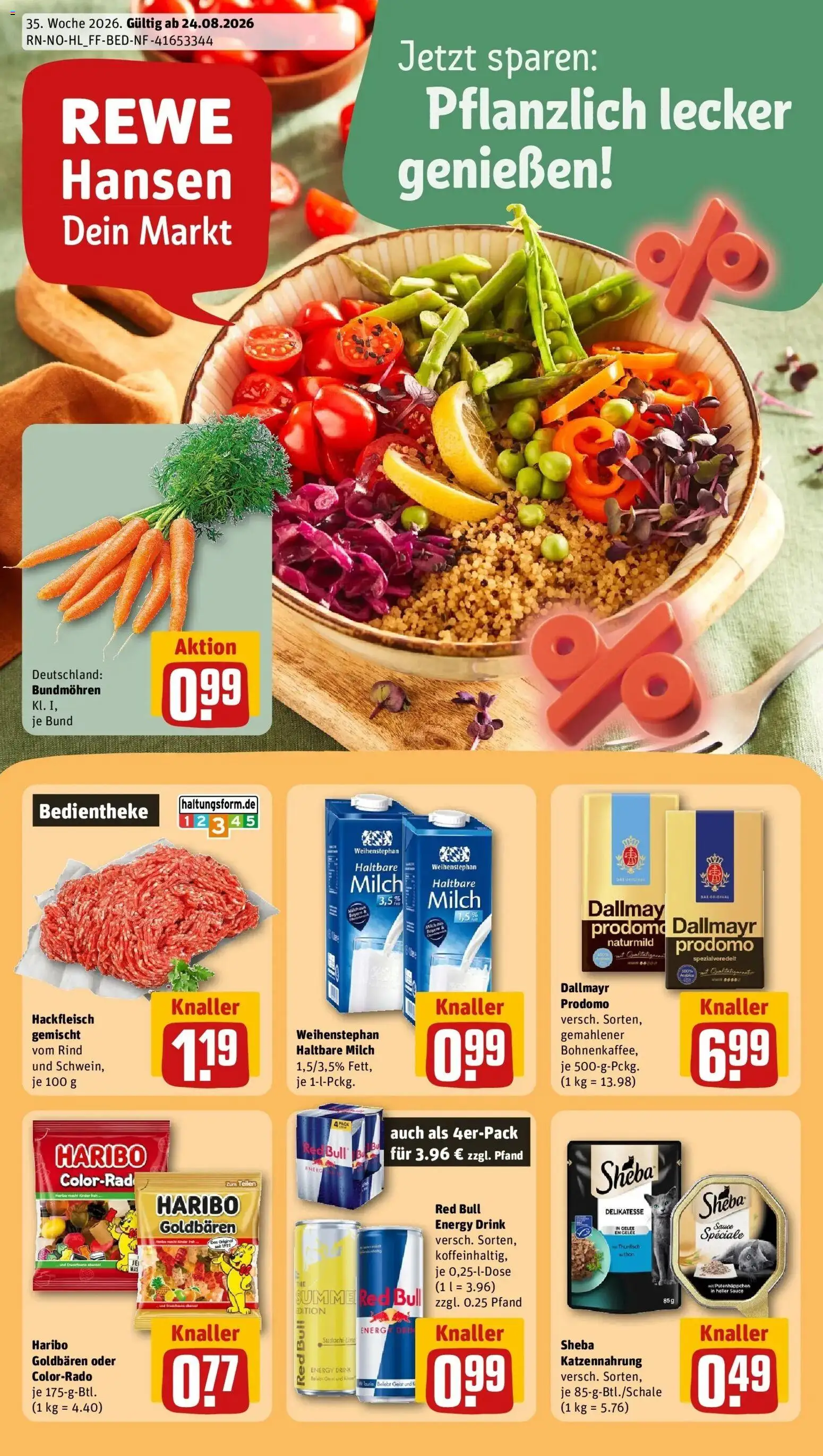 REWE Prospekt ab 24.08.2026 zum Blättern » Angebote | Seite: 1 | Produkte: Haribo, Haltbare milch, Dallmayr, Hackfleisch