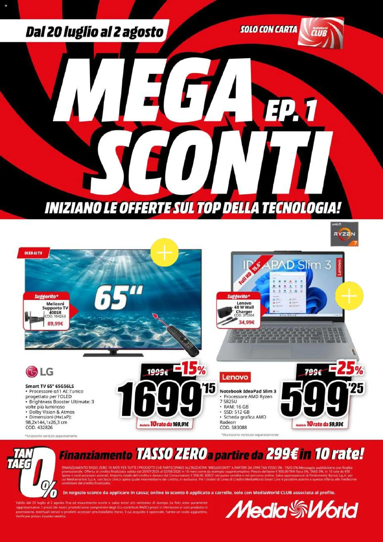 Volantino Media World del 20/07/2026 | Pagina: 1 | Prodotti: Notebook, smart TV, Top, TV