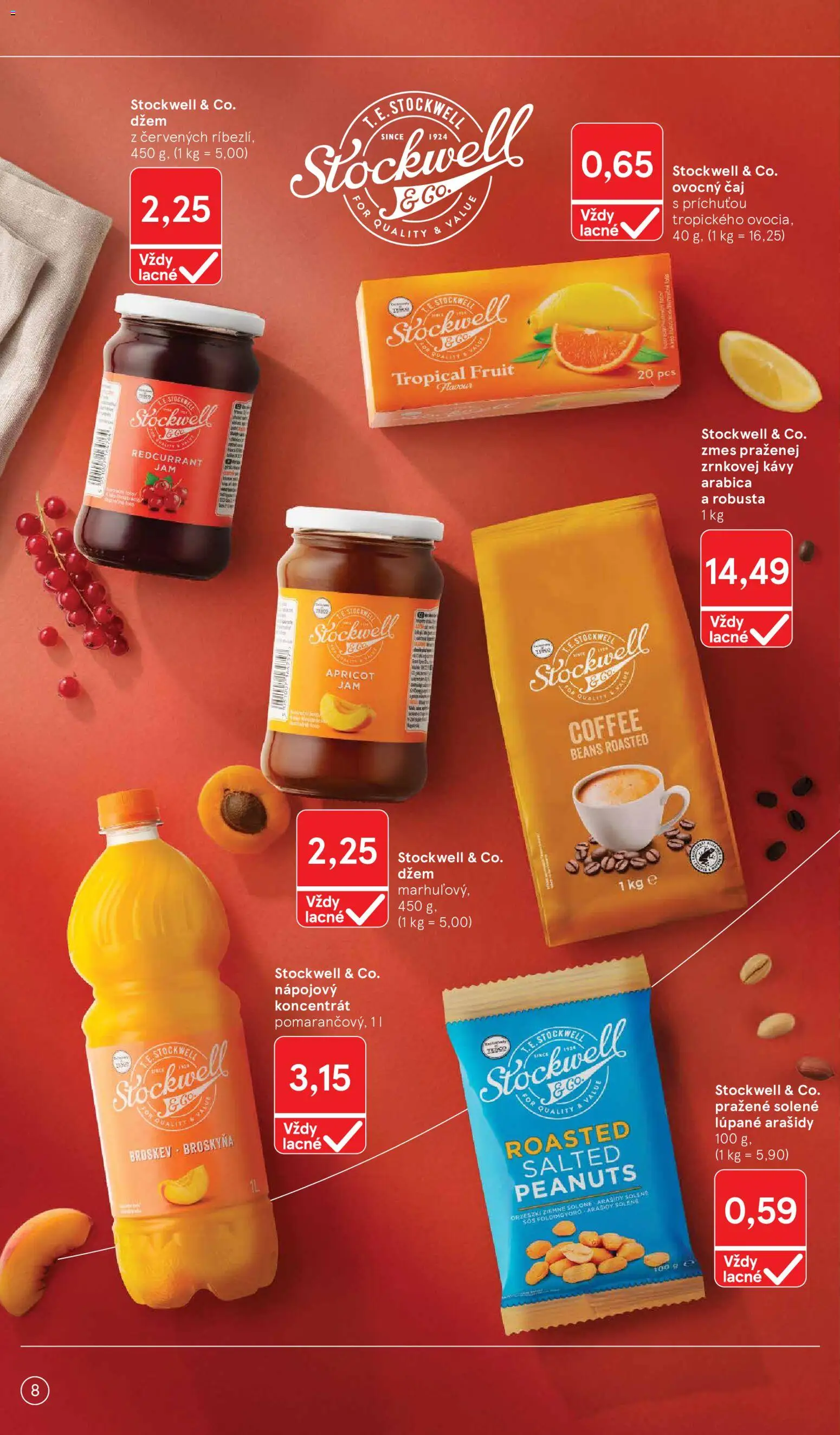 Nové Tesco akcie – leták je platný od 24.08.2026 | Strana: 8 | Produkty: Džem, Čaj, Ovocný čaj, Arašidy