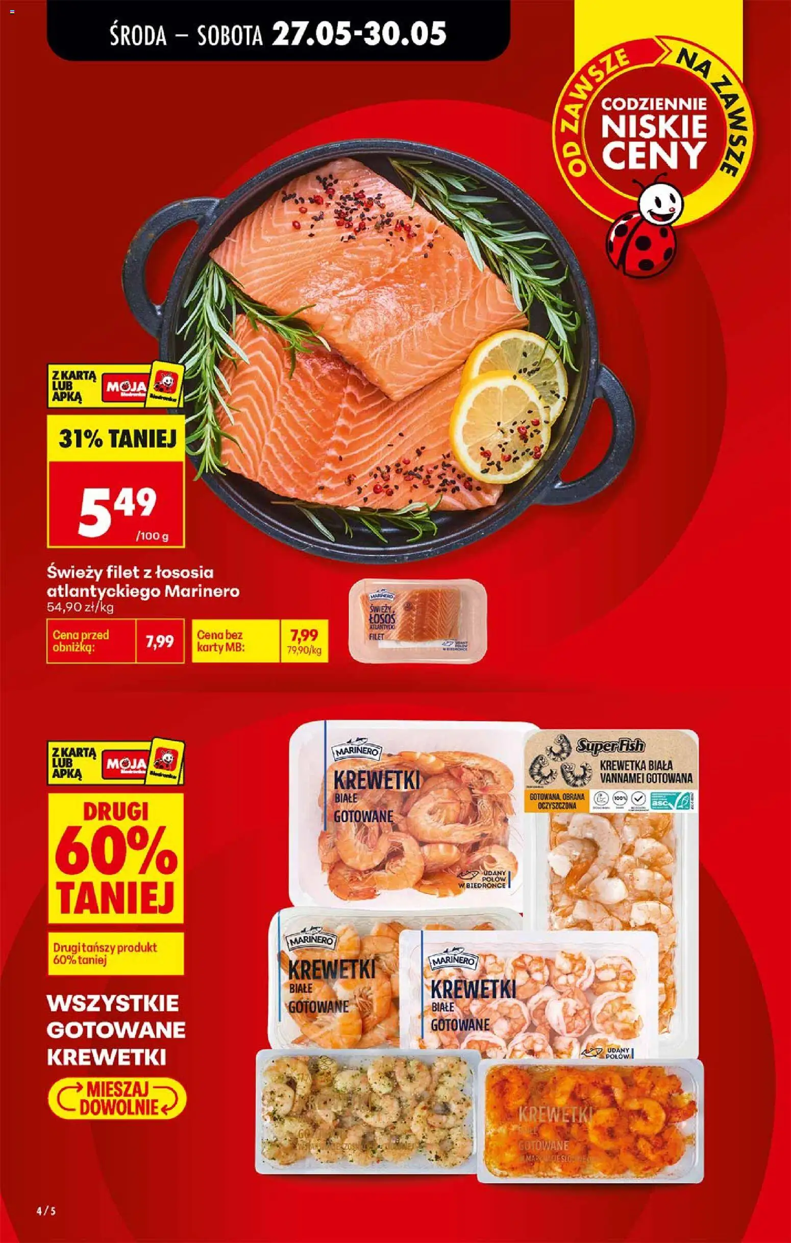Biedronka gazetka od środy od 27.05.2026 | Strona: 4 | Produkty: Karta, Krewetki, Krewetki gotowane, Filet z łososia