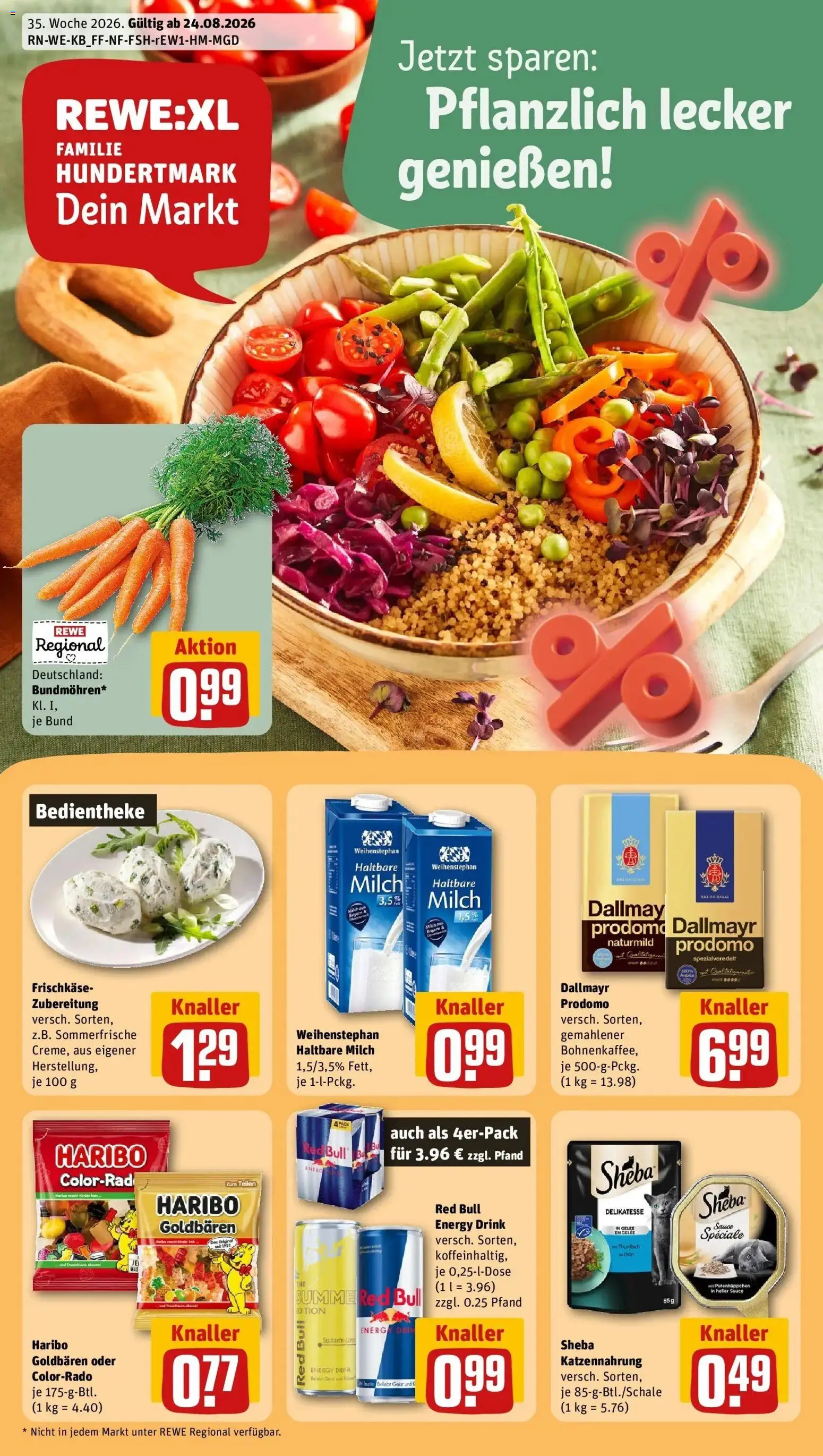REWE Prospekt ab 24.08.2026 zum Blättern » Angebote | Seite: 1 | Produkte: Sheba, Red bull, Milch, Haltbare milch