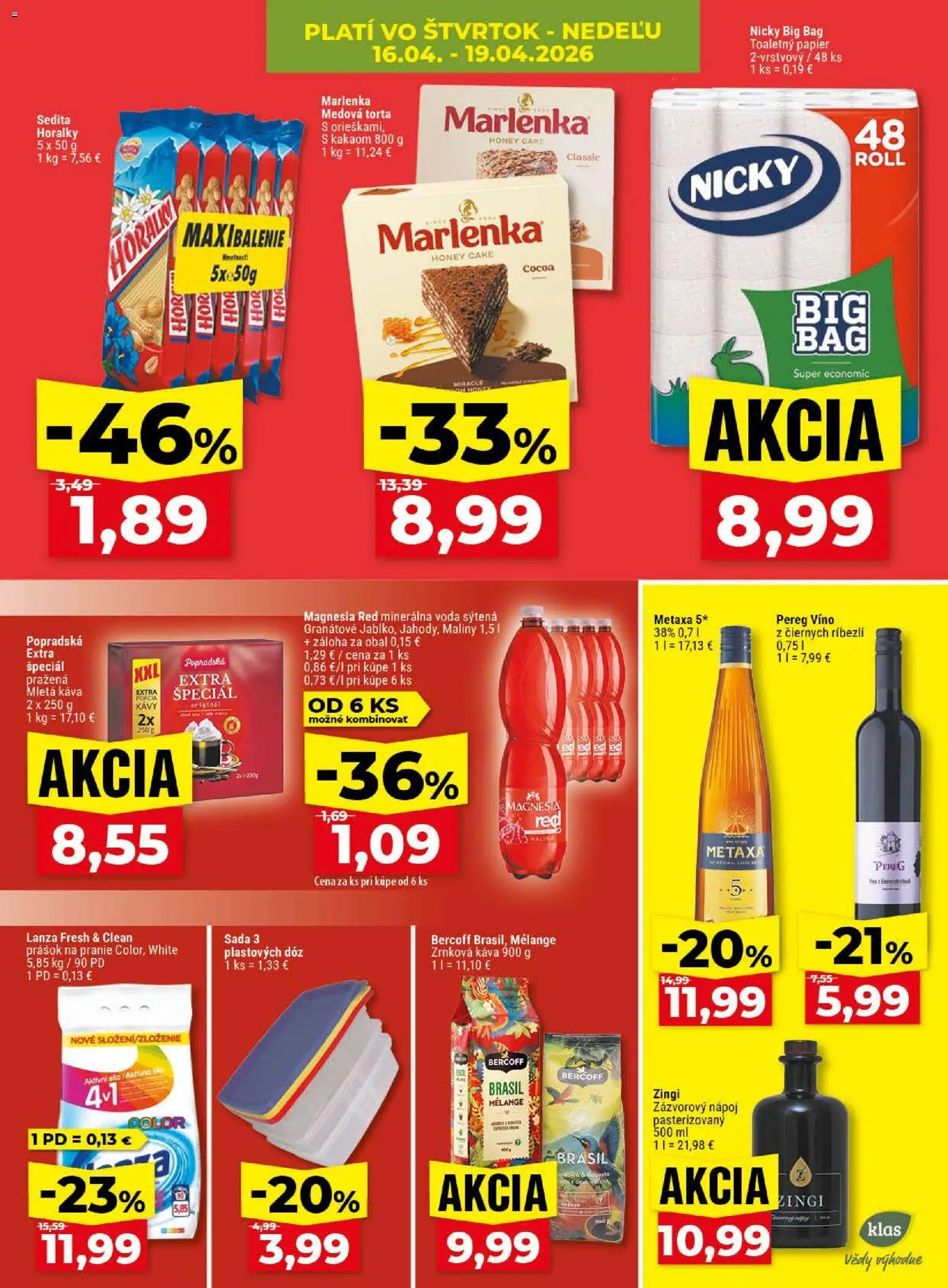 Nové Klas akcie – leták je platný od 13.04.2026 | Strana: 28 | Produkty: Víno, Prášok na pranie, Voda, Zrnková káva