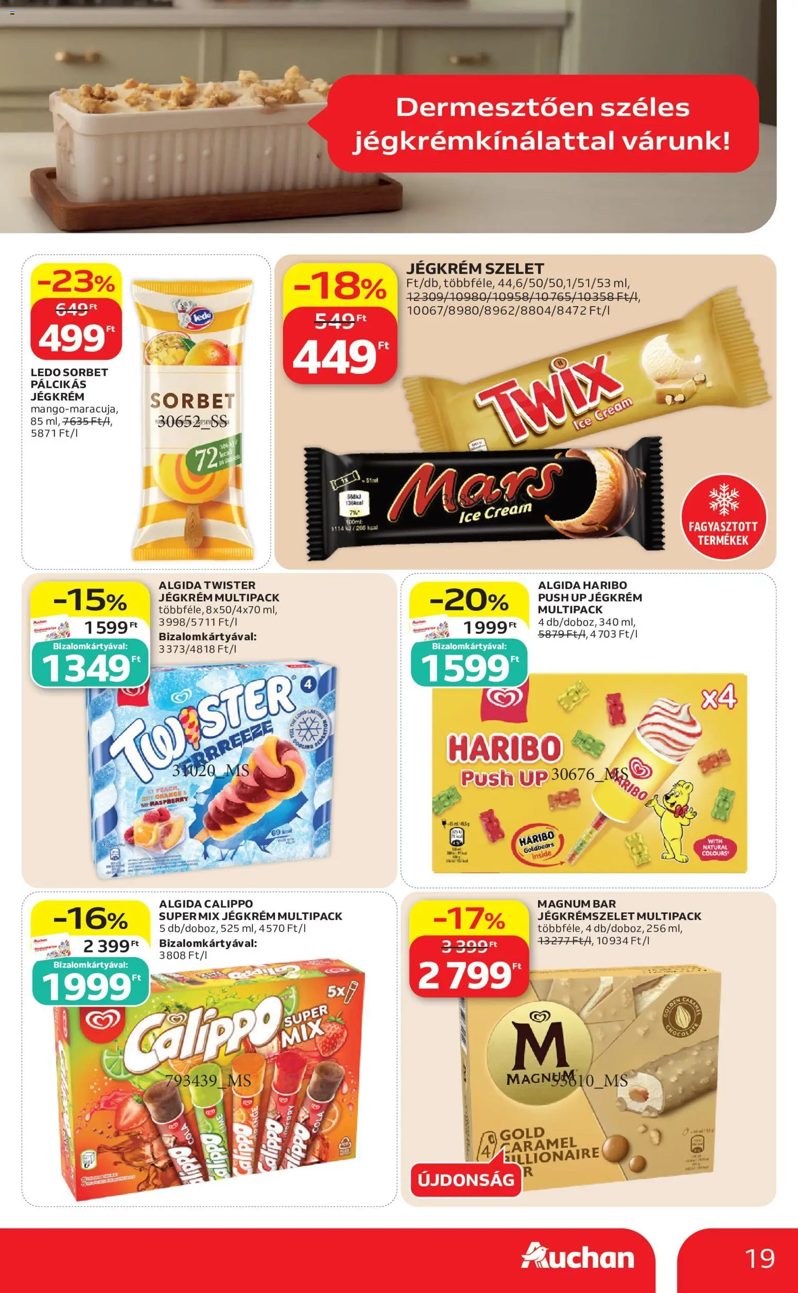 Auchan akciós ujság - amely érvényes a következő dátumtól: 2026.08.13. | Oldal: 19 | Termékek: Szelet, Mars, Cola, Jégkrém