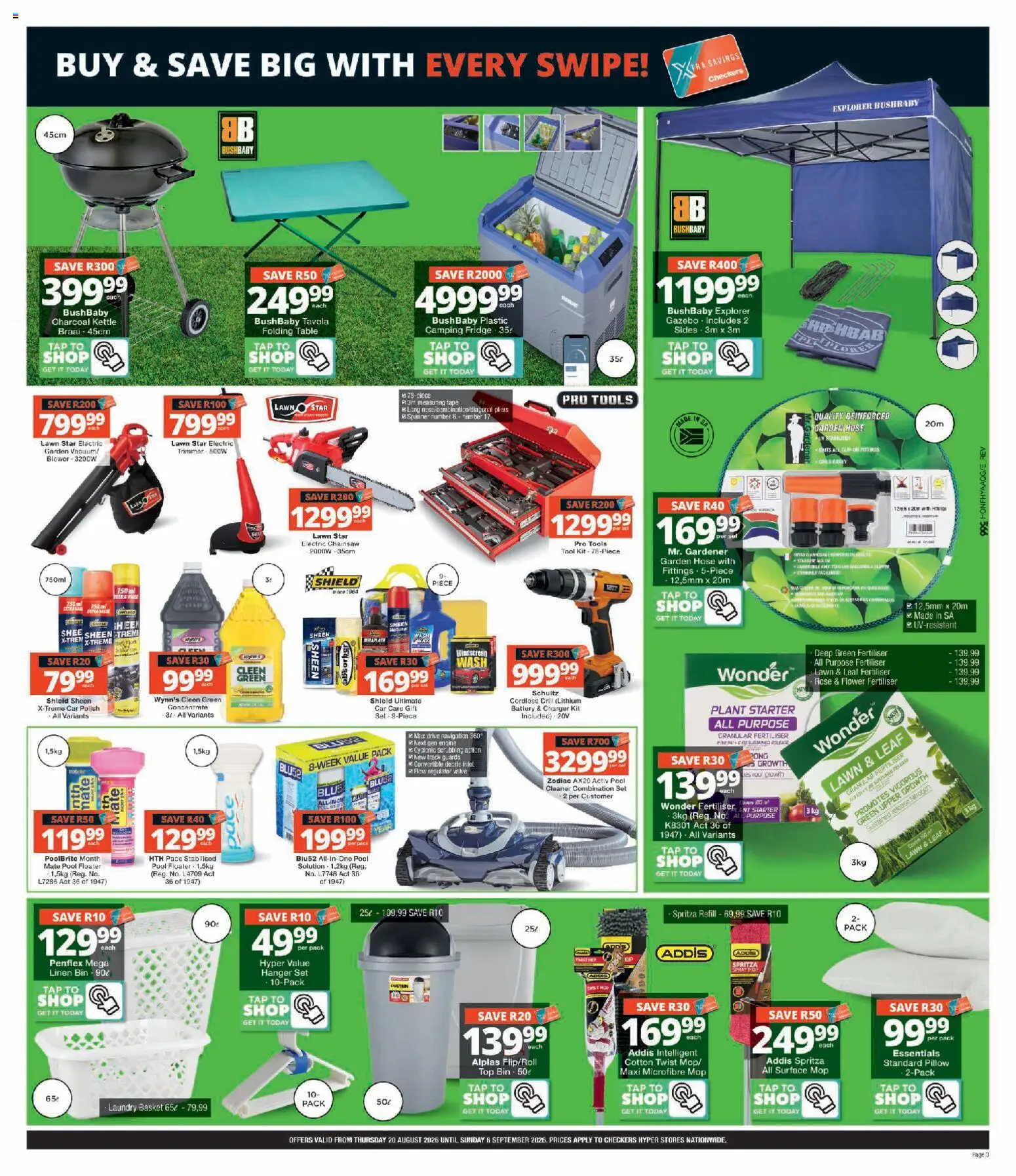 New Checkers catalogue – valid from 20/08/2026 | Page: 3 | Products: Kettle, Chainsaw, Charger, Tap