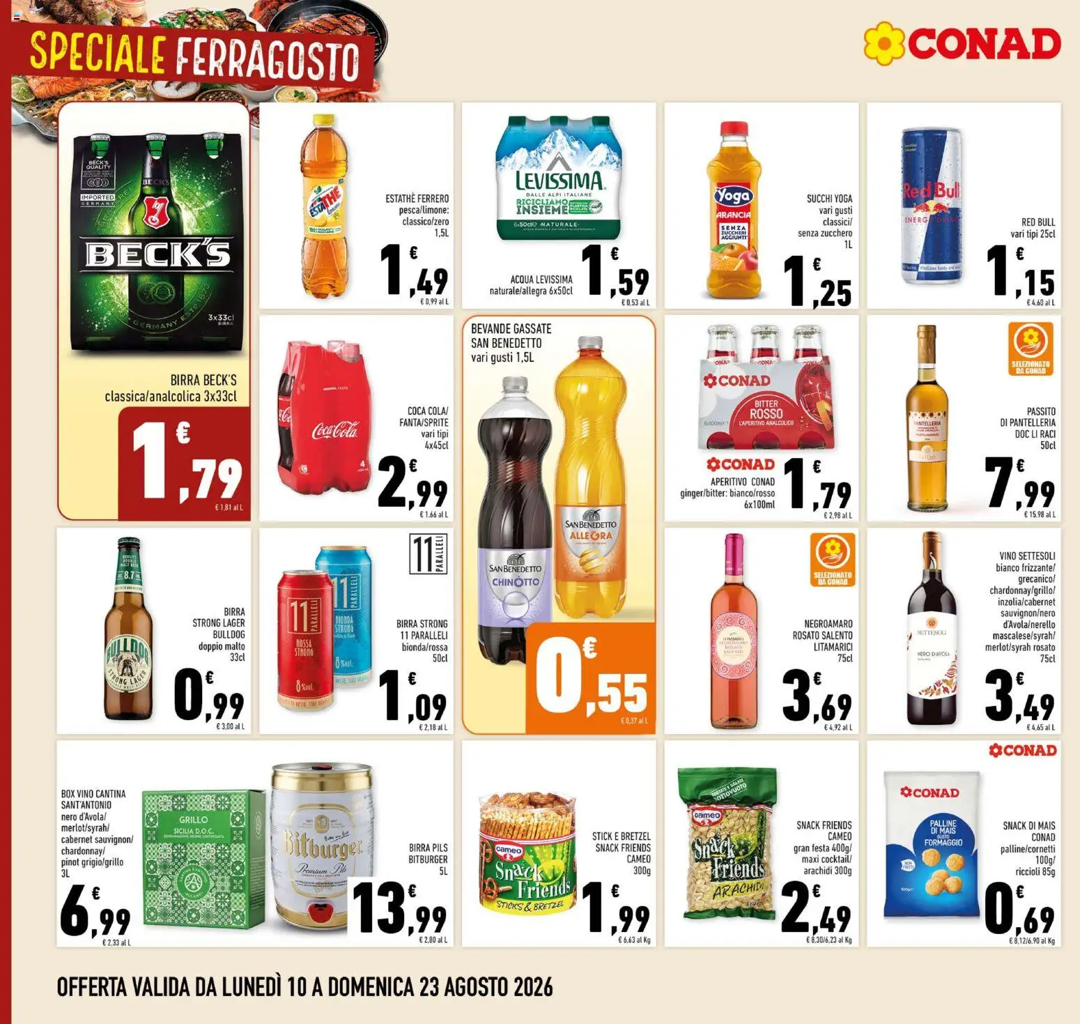 Volantino Conad del 10/08/2026 | Pagina: 10 | Prodotti: Chinotto, Zucchero, Red Bull, Aperitivo
