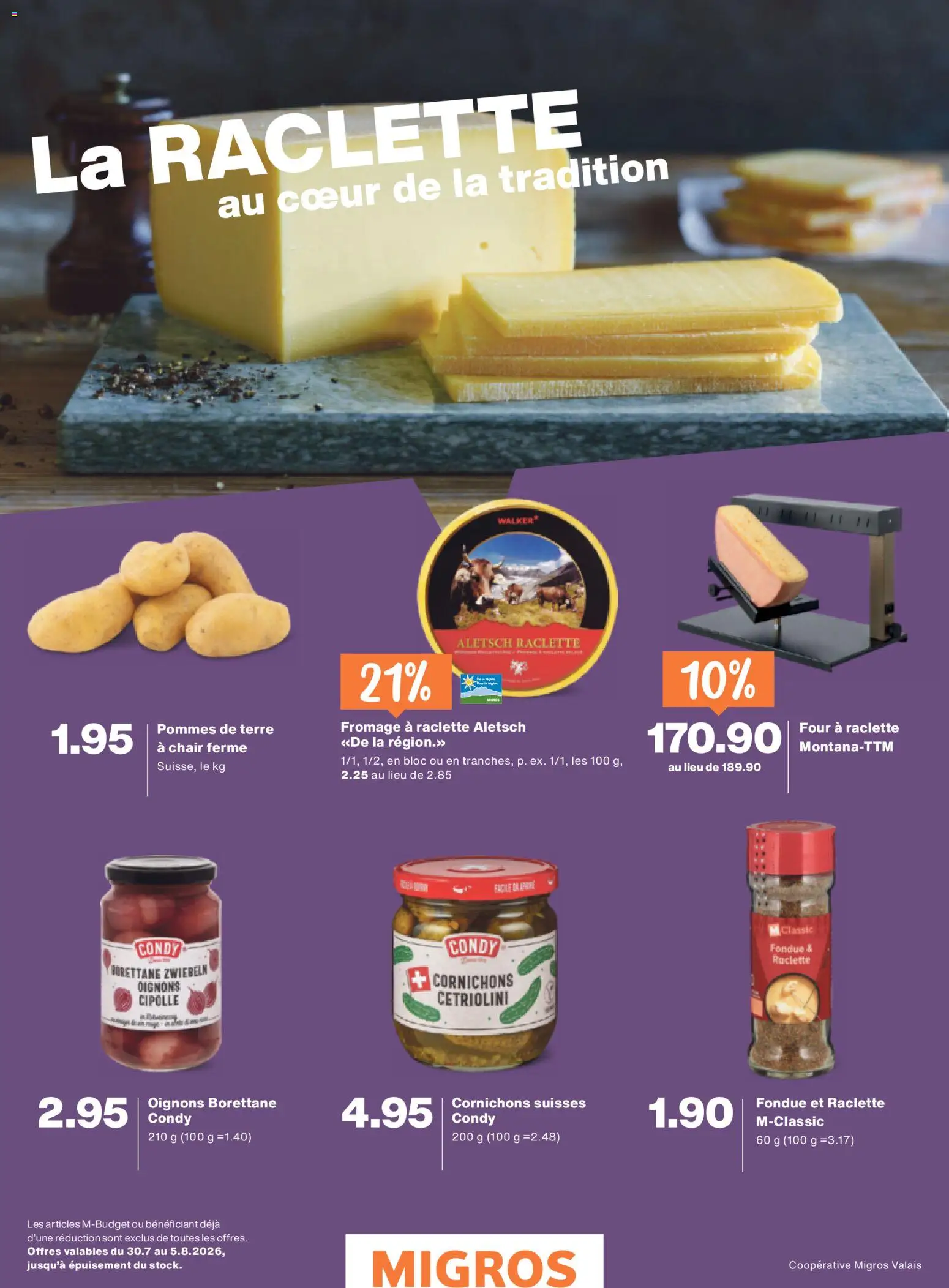 Migros aktionen Magazine FR – gültig ab 29.07.2026 | Seite: 30 | Produkte: Zwiebeln, Raclette, Fondue
