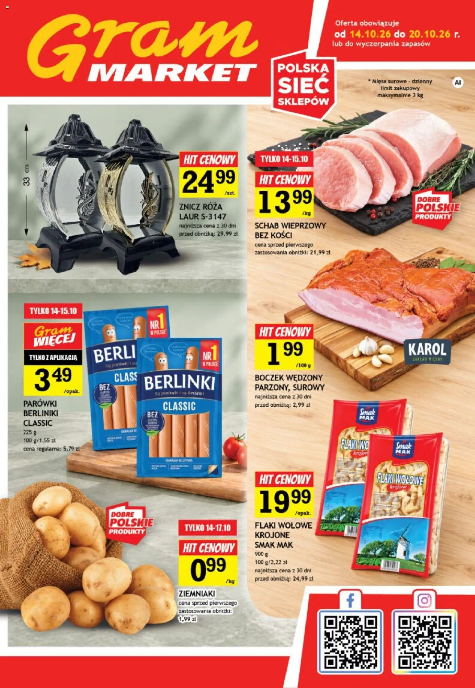 Gram Market gazetka od 14.10.2026 | Strona: 1 | Produkty: Schab wieprzowy, Parówki, Boczek, Berlinki