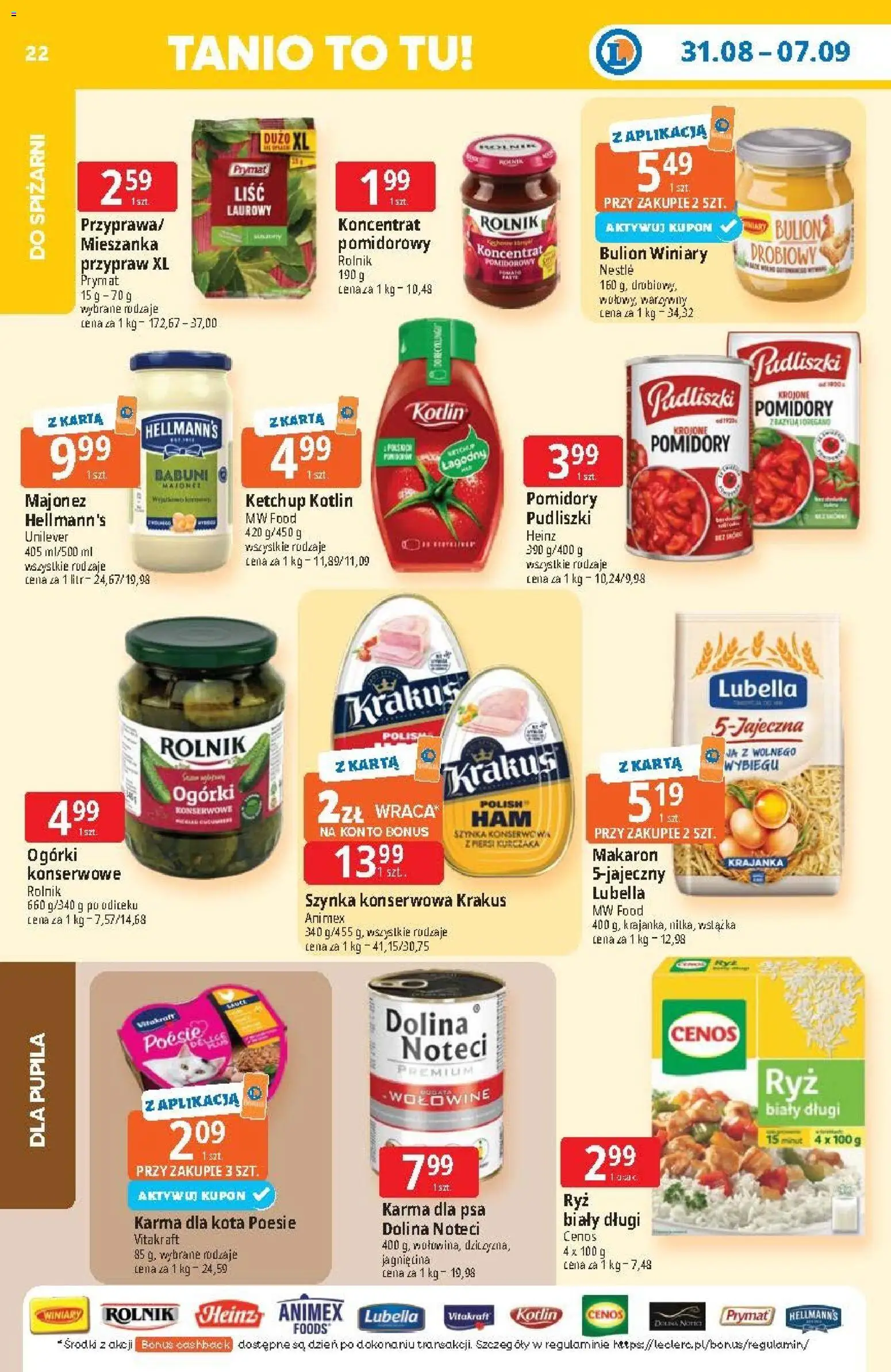 E.Leclerc gazetka od 31.08.2026 | Strona: 22 | Produkty: Ketchup, Szynka, Karma dla psa, Makaron