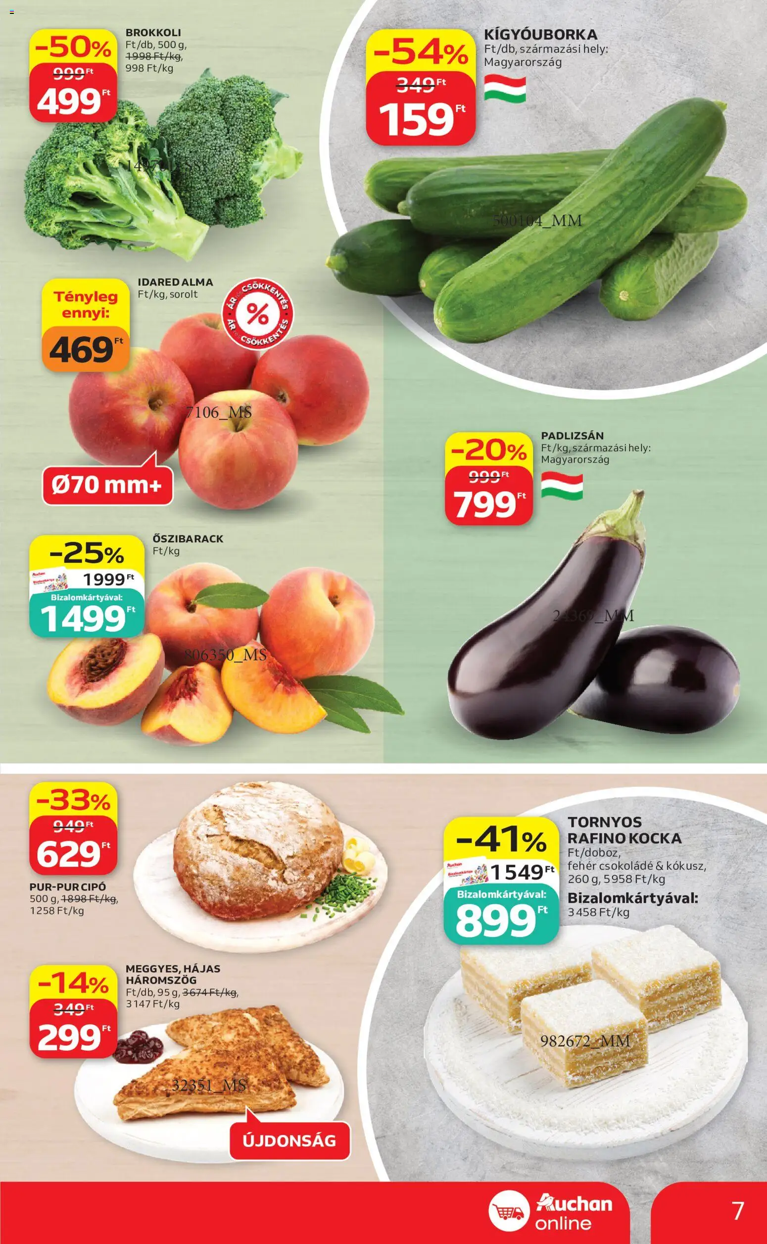 Auchan akciós ujság - amely érvényes a következő dátumtól: 21.05.2026 | Oldal: 7 | Termékek: Padlizsán, Őszibarack, Kígyóuborka, Brokkoli