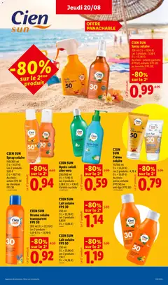 LIDL - Prévisualisation de CIEN SUN Crème solaire, 75/100 ml, (1 L = 53,20 €), Les 2 produits : 4,78 €, (1 L = 31,87 €), Au choix : active, enfants (FPS 50) ou anti-âge (FPS 30) valide à partir de 20/08/2026 | Page: 27 | Produits: Aloe vera, Crème solaire, Lait, Crème