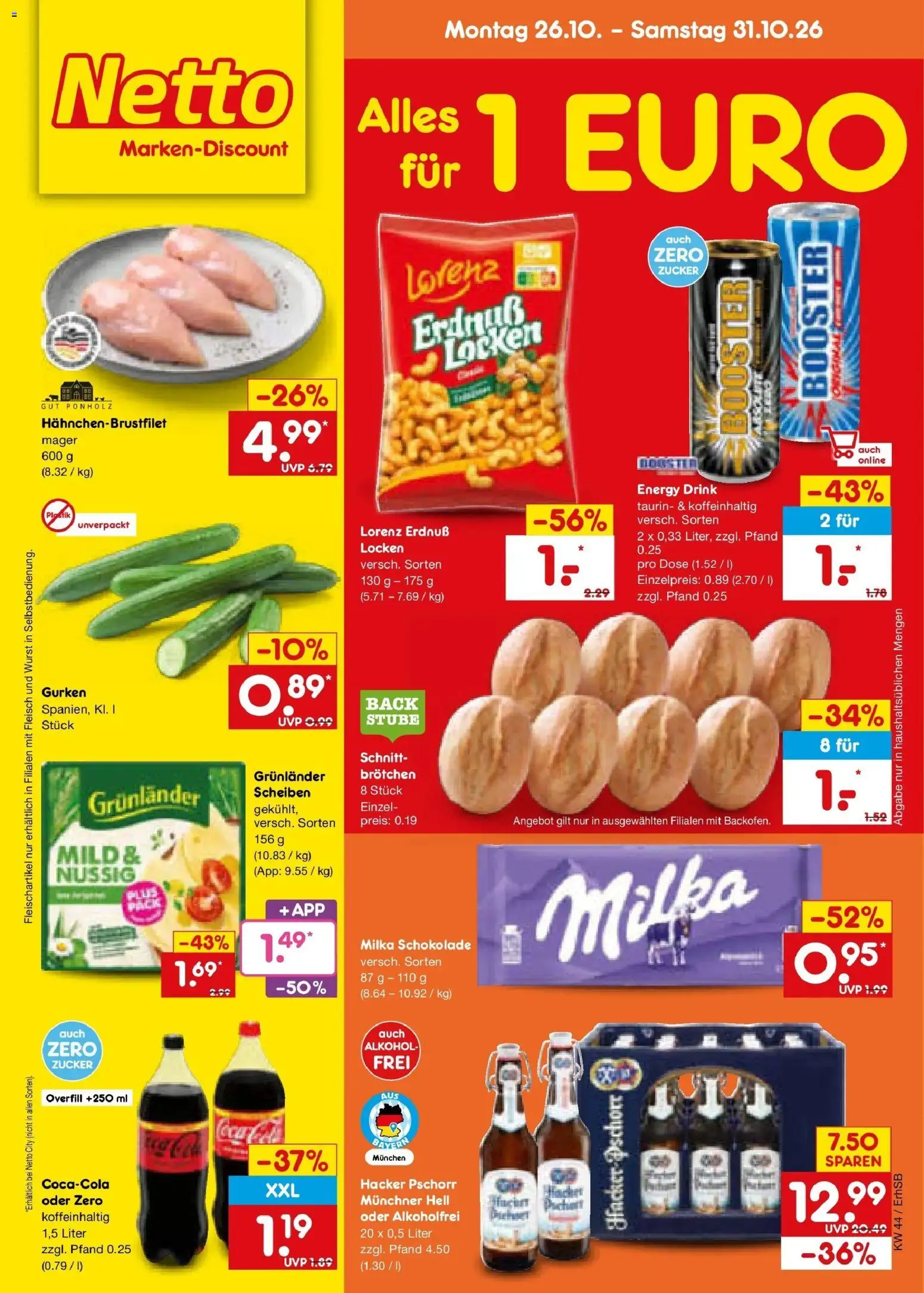 Netto Marken-Discount Prospekt München – gültig ab 26.10.2026 | Seite: 1 | Produkte: Schokolade, Milka, Alkohol, Gurken