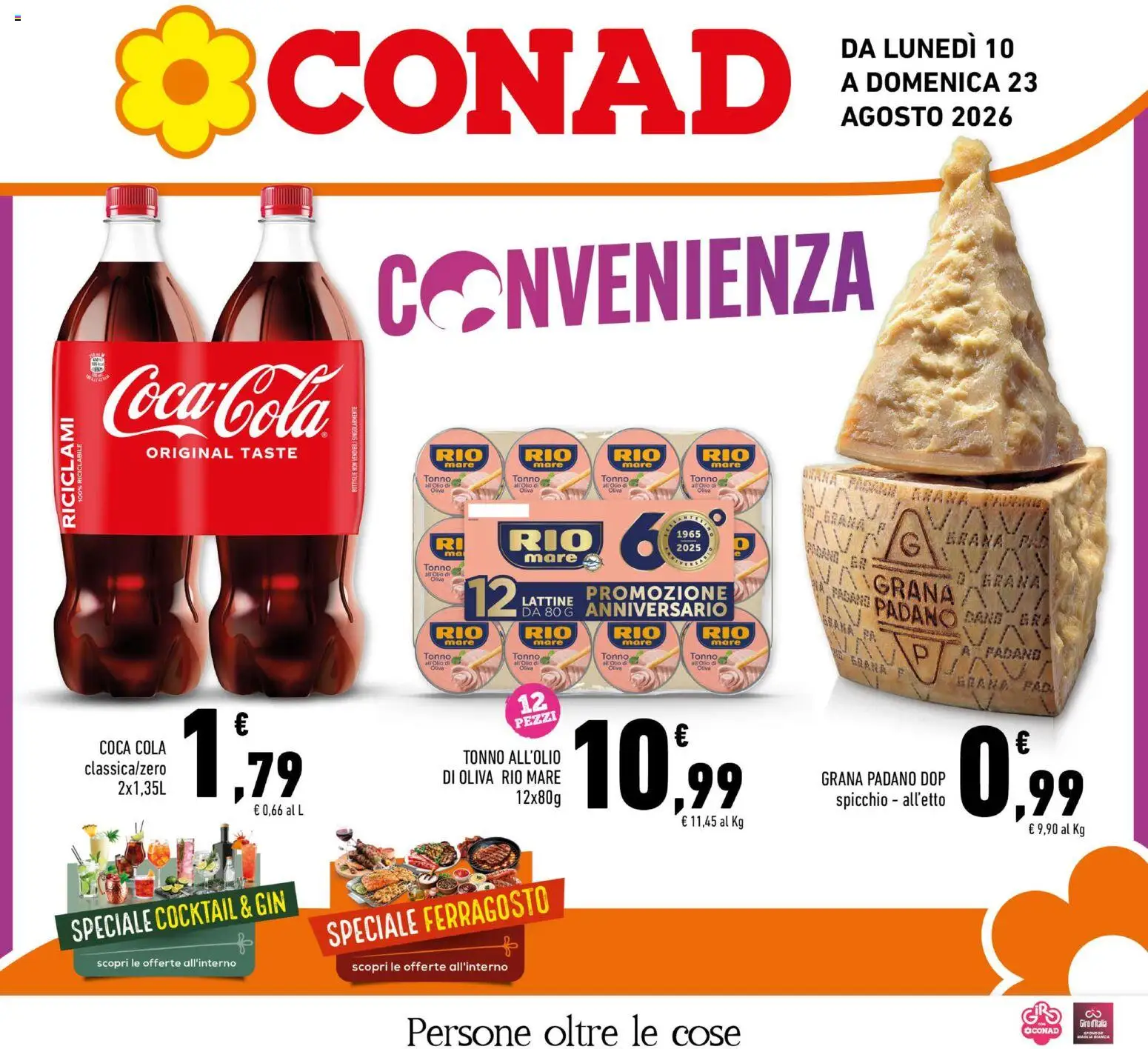 Volantino Conad del 10/08/2026 | Pagina: 1 | Prodotti: Gin, Cocktail, Tonno, Grana Padano