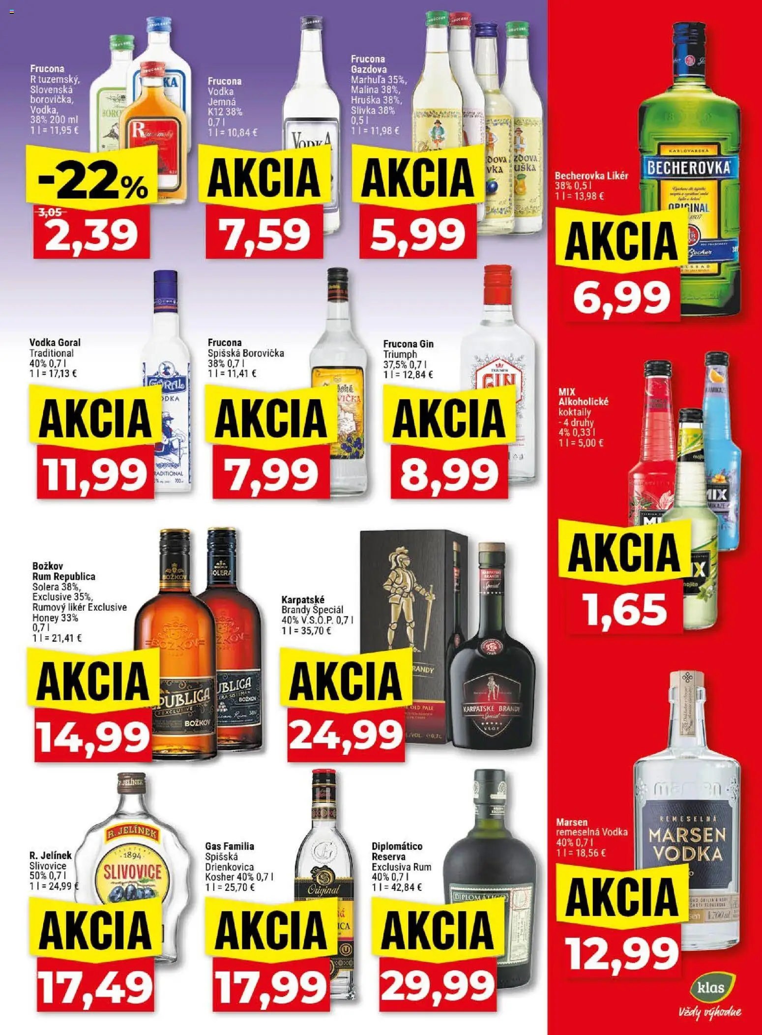 Nové Klas akcie – leták je platný od 11.05.2026 | Strana: 22 | Produkty: Borovička, Gin, Vodka, Rum
