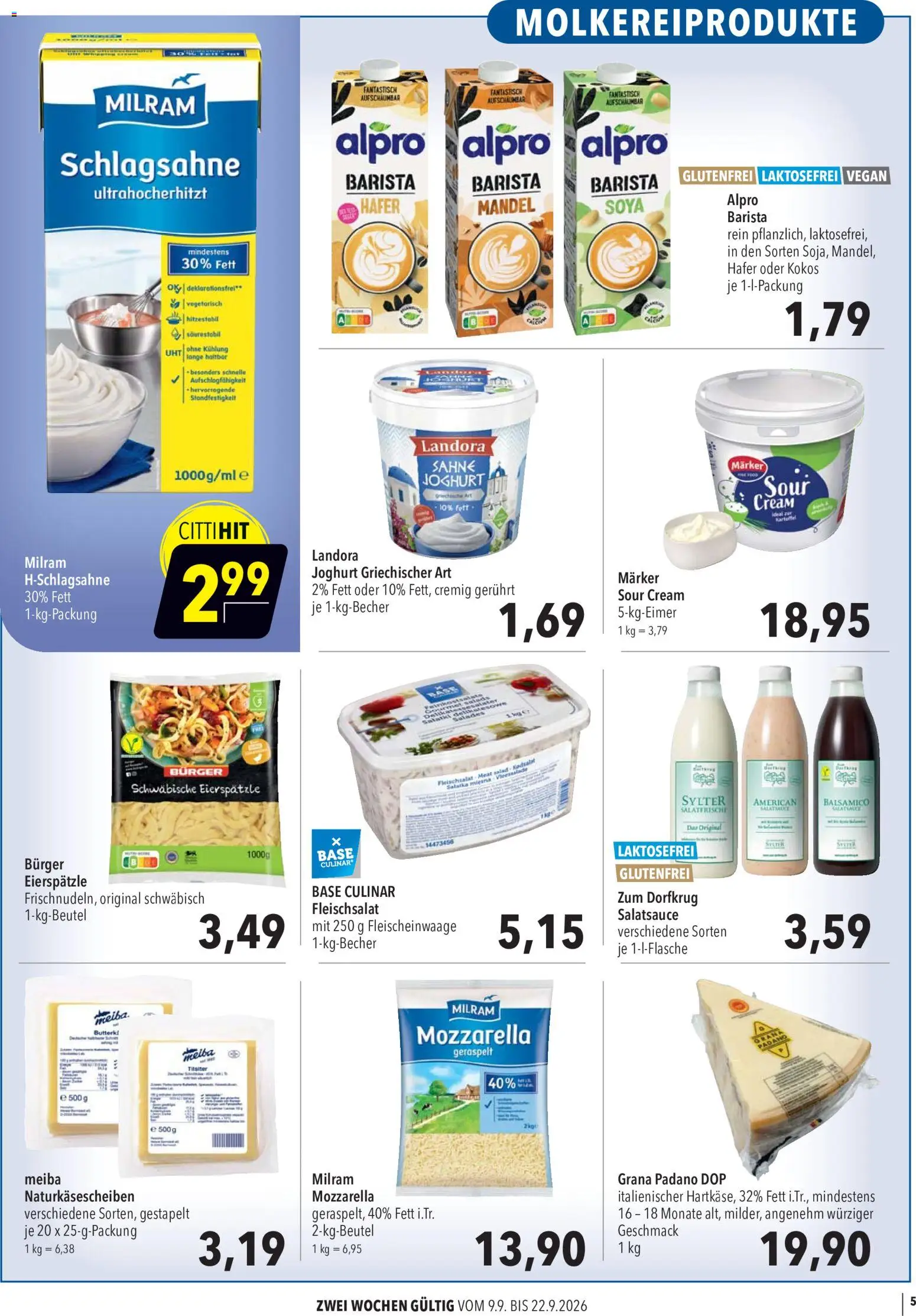 CITTI Markt Aktuelle Angebote für Profis – gültig ab 09.09.2026 | Seite: 5 | Produkte: Schlagsahne, Mozzarella, Burger, Alpro