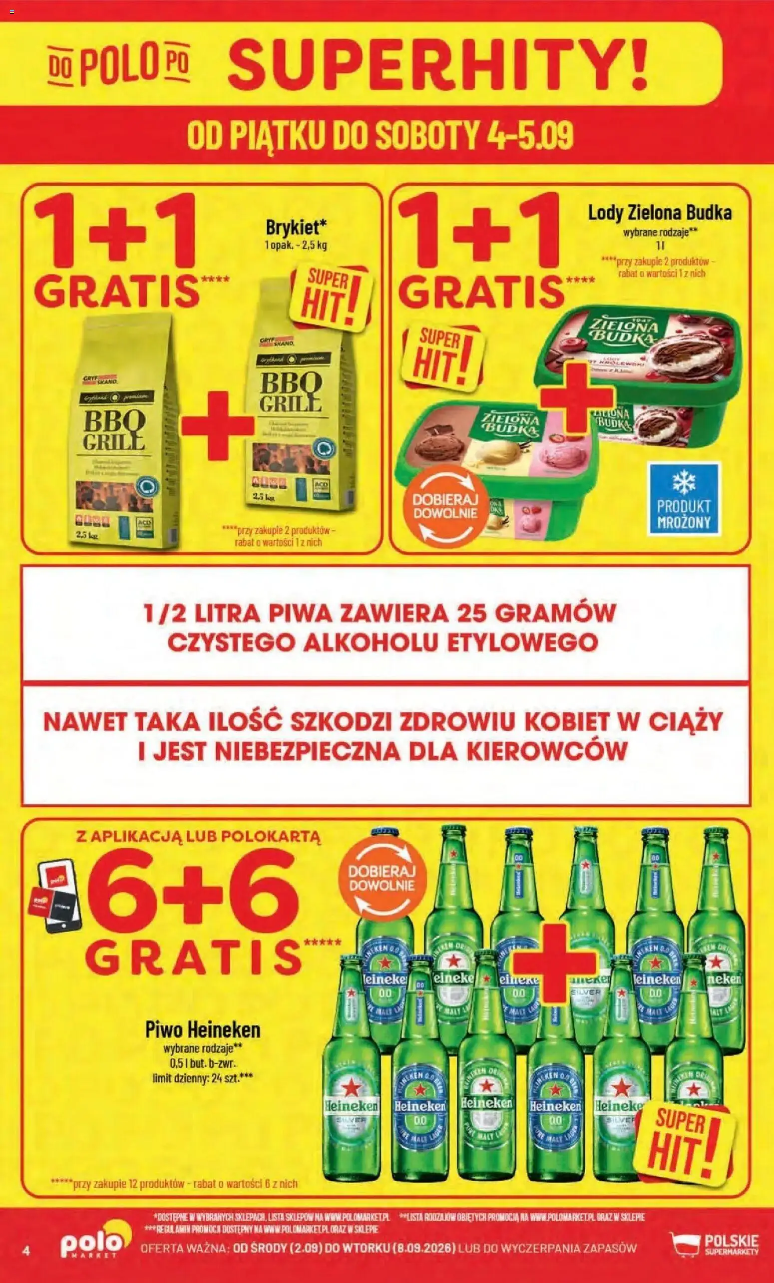 Nowa POLOmarket gazetka od jutra 02.09.2026 | Strona: 4 | Produkty: Piwo Heineken, Lody Zielona Budka, Lody, Heineken