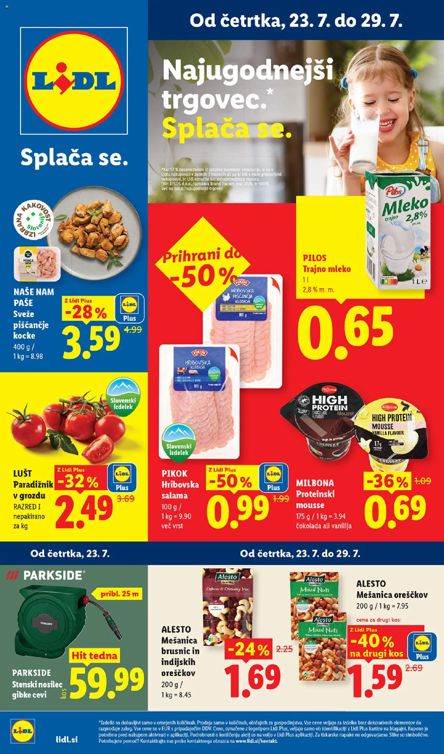 Novi Lidl katalog ponudbe – veljaven od 23.07.2026 | Stran: 1 | Izdelki: Kos, Mleko, Salama, Paradiznik