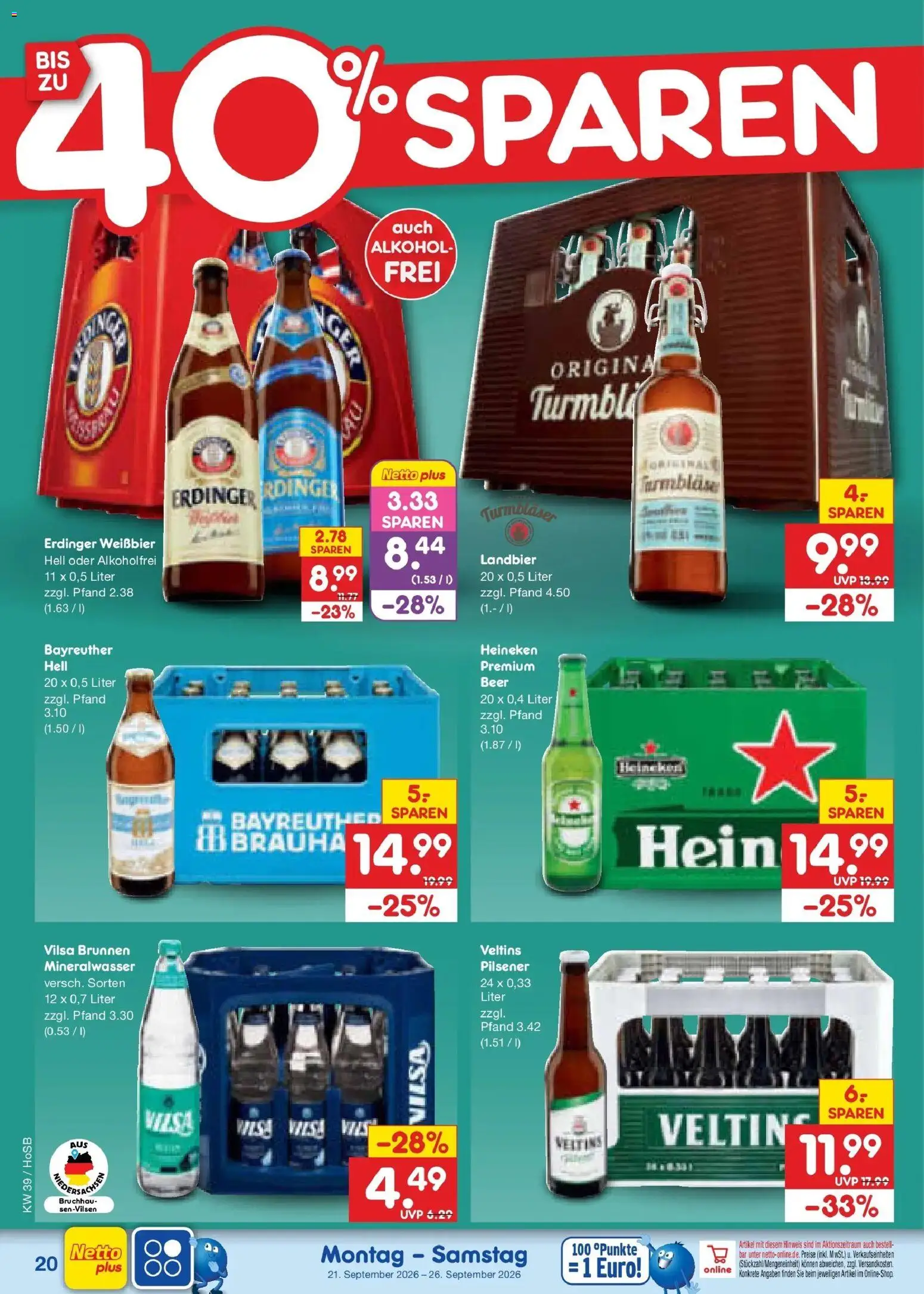 Netto Marken-Discount Prospekt Hannover – gültig ab 21.09.2026 | Seite: 28 | Produkte: Weißbier, Mineralwasser, Heineken, Veltins