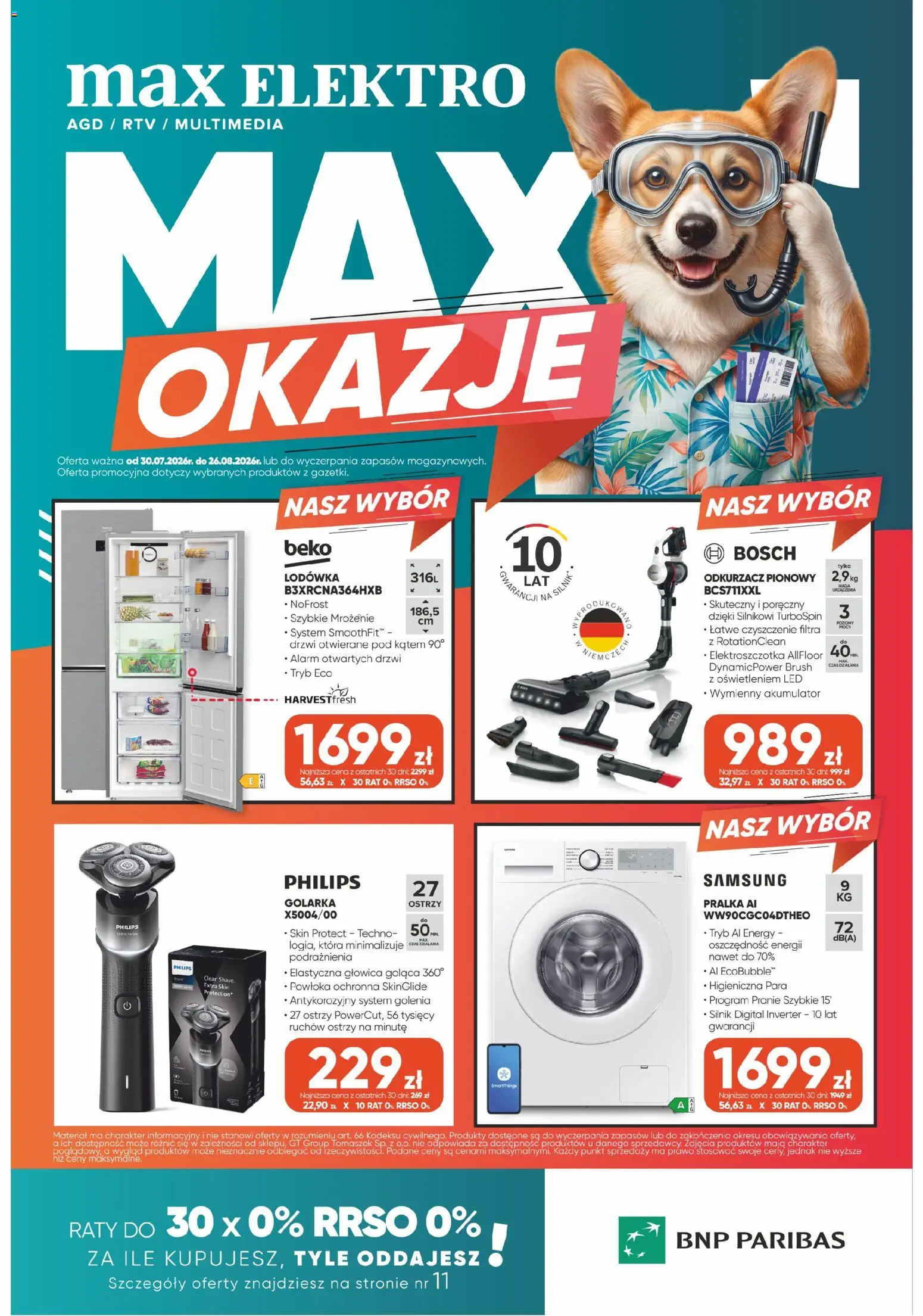 Max elektro gazetka od 30.07.2026 | Strona: 1 | Produkty: Lodówka, Pralka, Odkurzacz, Odkurzacz pionowy