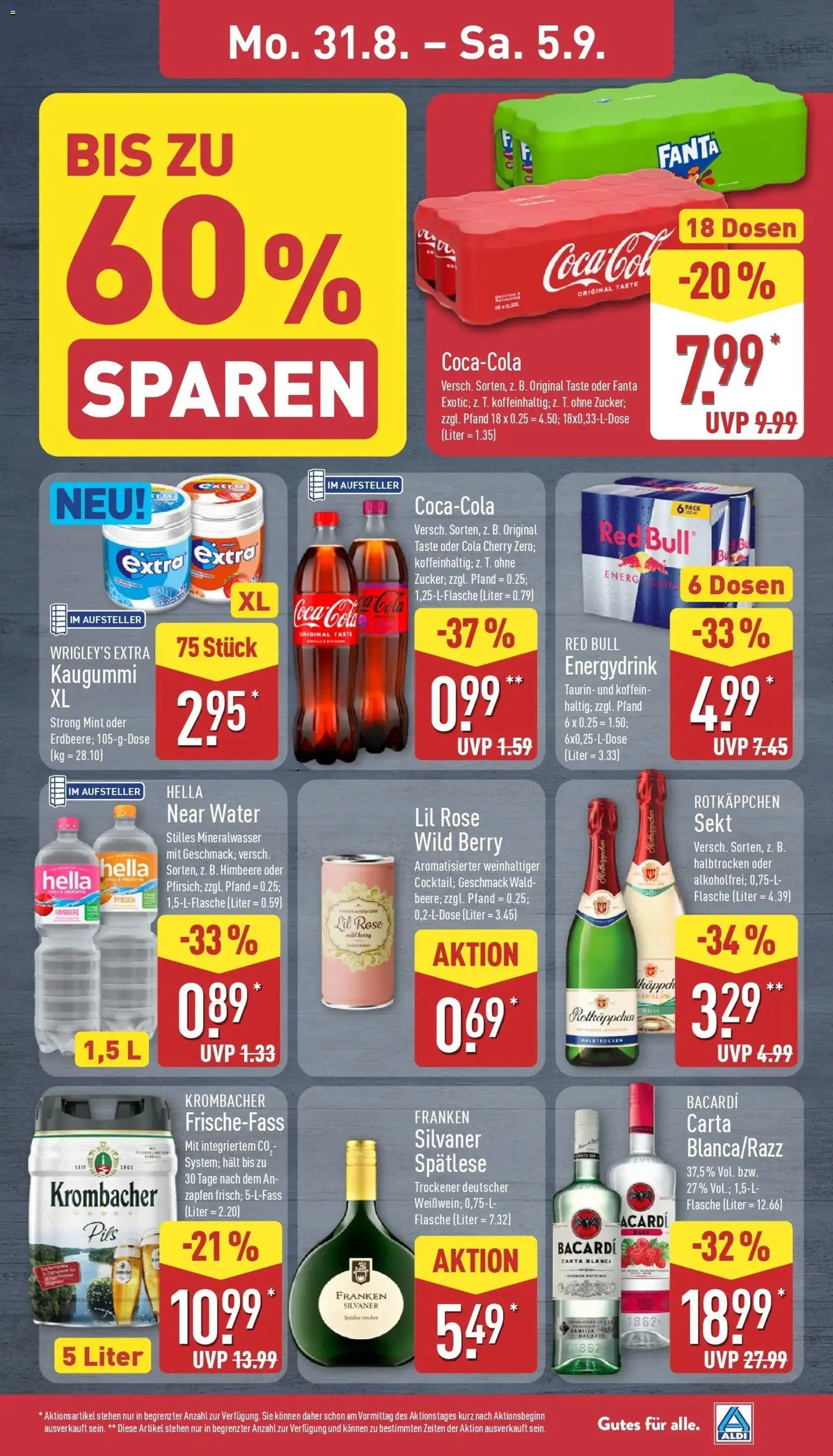 Aldi Aktueller Prospekt (ab 31.08.2026) » Angebote Online | Seite: 9 | Produkte: Bacardi, Red bull, Sekt, Hella