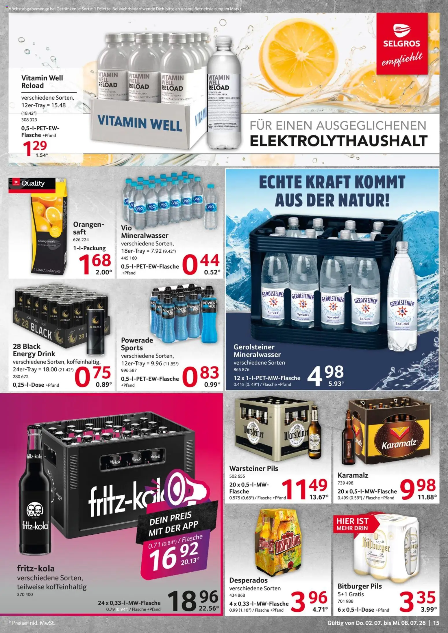 Selgros Prospekt – gültig ab 02.07.2026 | Seite: 15 | Produkte: Pils, Orangen, Saft, Gerolsteiner
