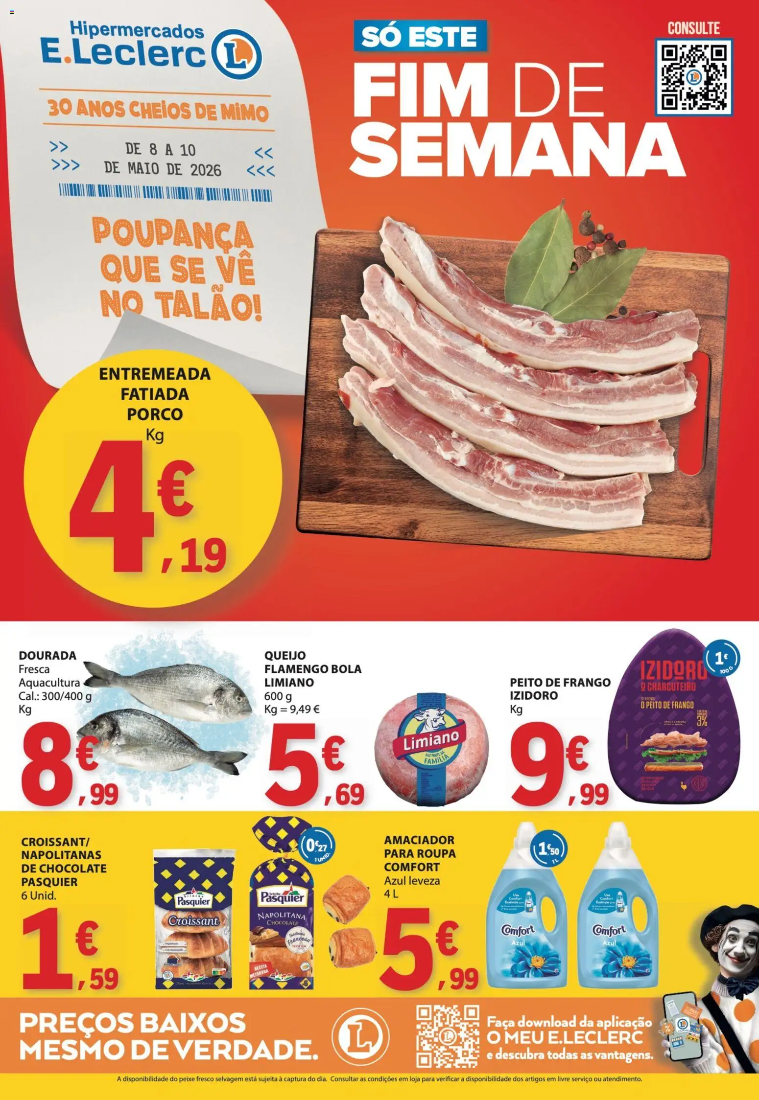 E.Leclerc Catálogo Fim de Semana │ válido de 08.05.2026 | Página: 1 | Produtos: Faca, Peito de frango, Chocolate, Peixe