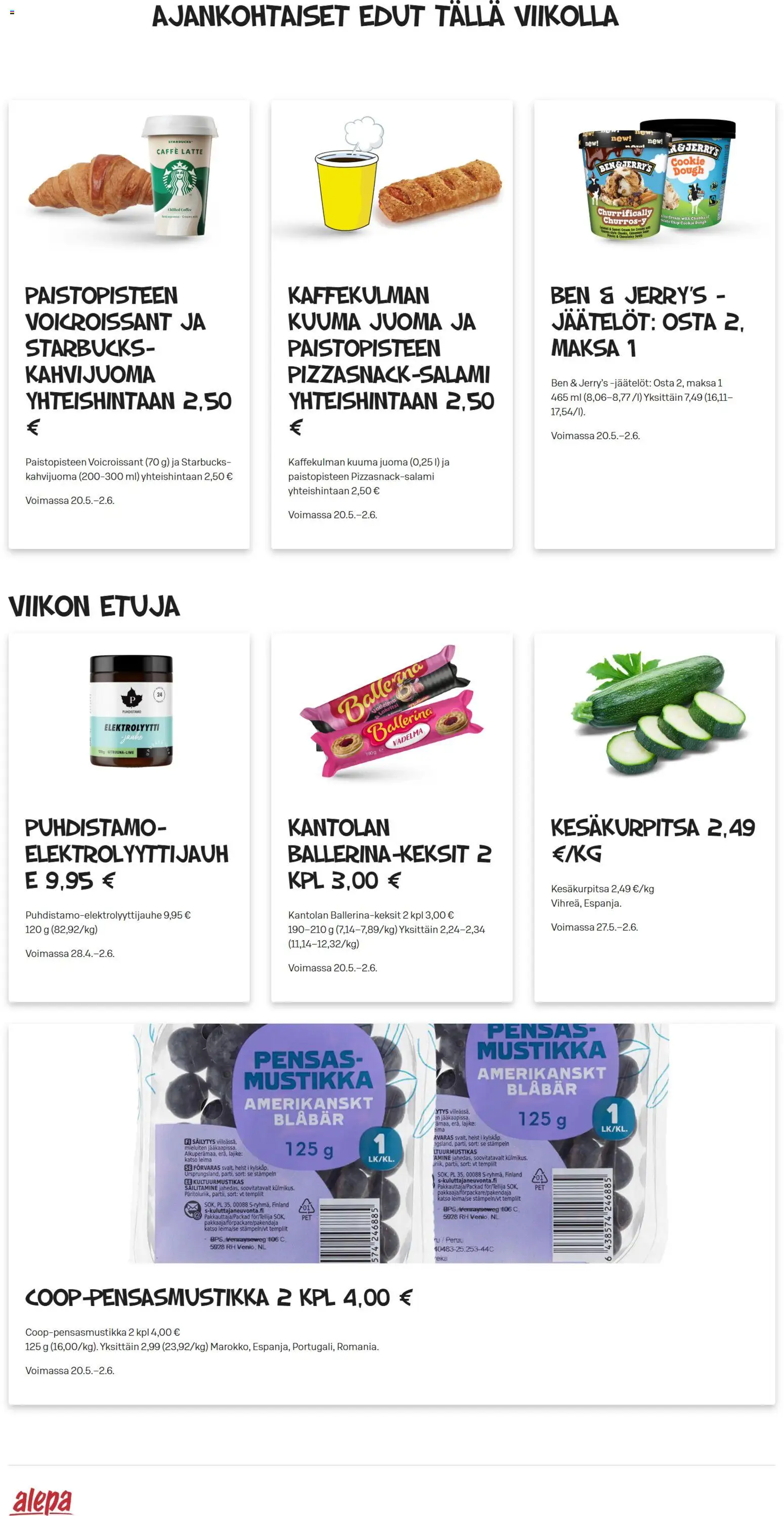 Alepa tarjoukset – voimassa 27.05.2026 alkaen | Sivu: 1 | Tuotteet: Vadelma, Jauhe, Mustikka, Kesäkurpitsa