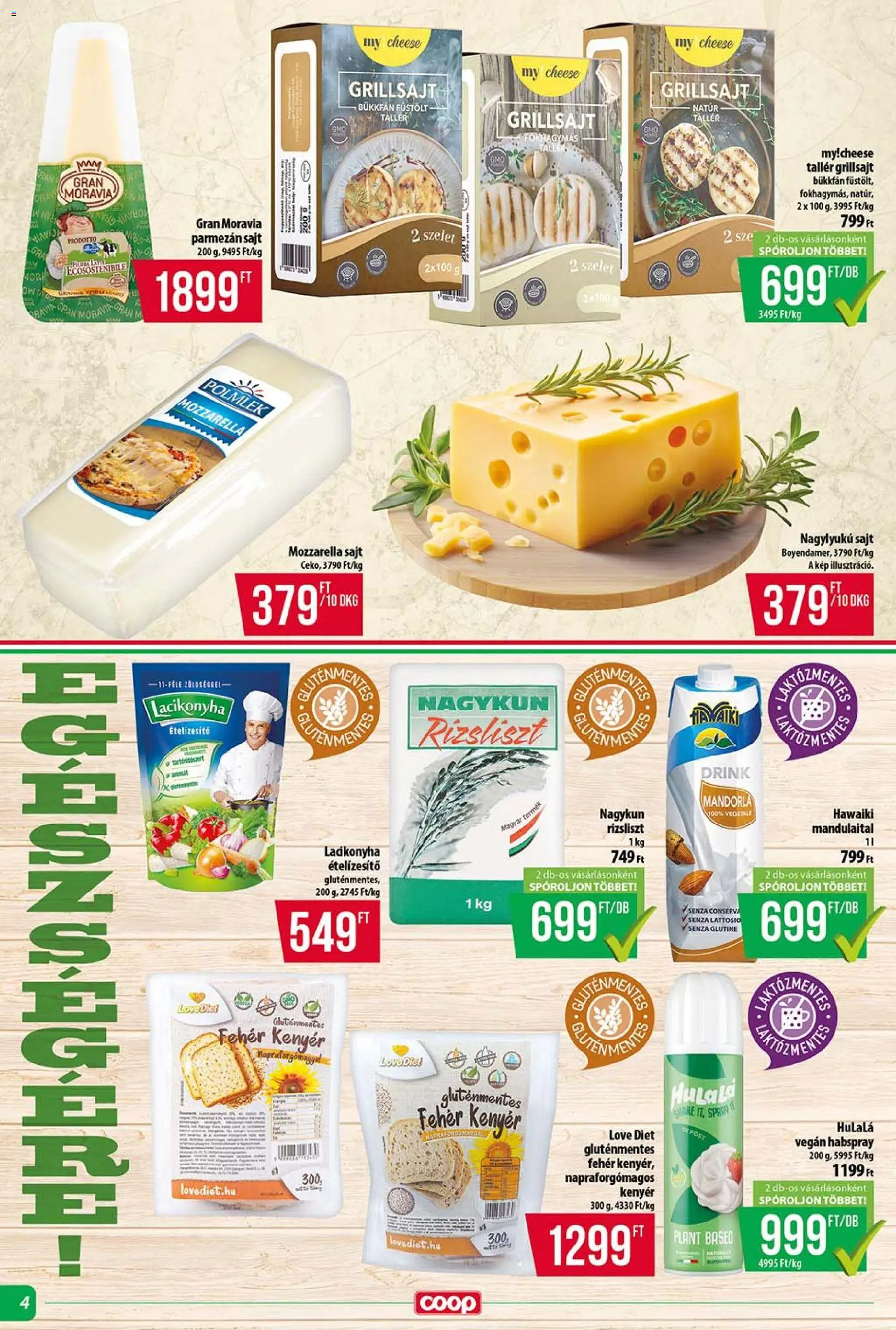 COOP akciós ujság - amely érvényes a következő dátumtól: 2026.08.13. | Oldal: 4 | Termékek: Mandulaital, Grillsajt, Gluténmentes, Ételízesítő