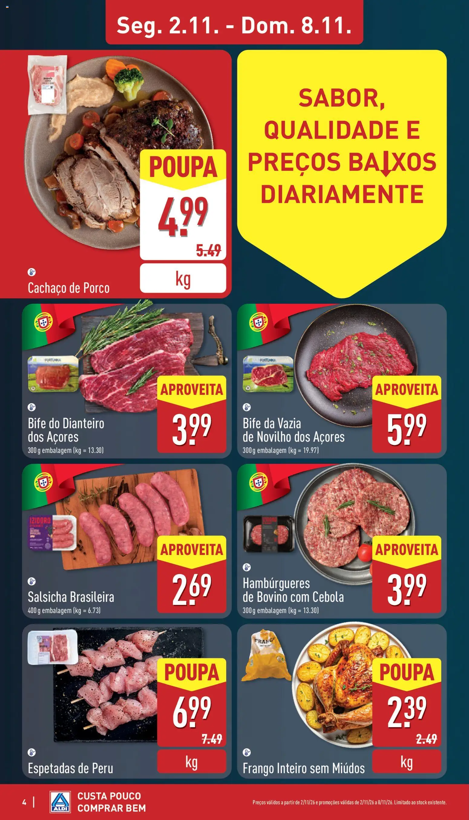 Aldi folheto │ válido de 02/11/2026 | Página: 4 | Produtos: Cachaço de porco, Cebola, Salsicha, Bife