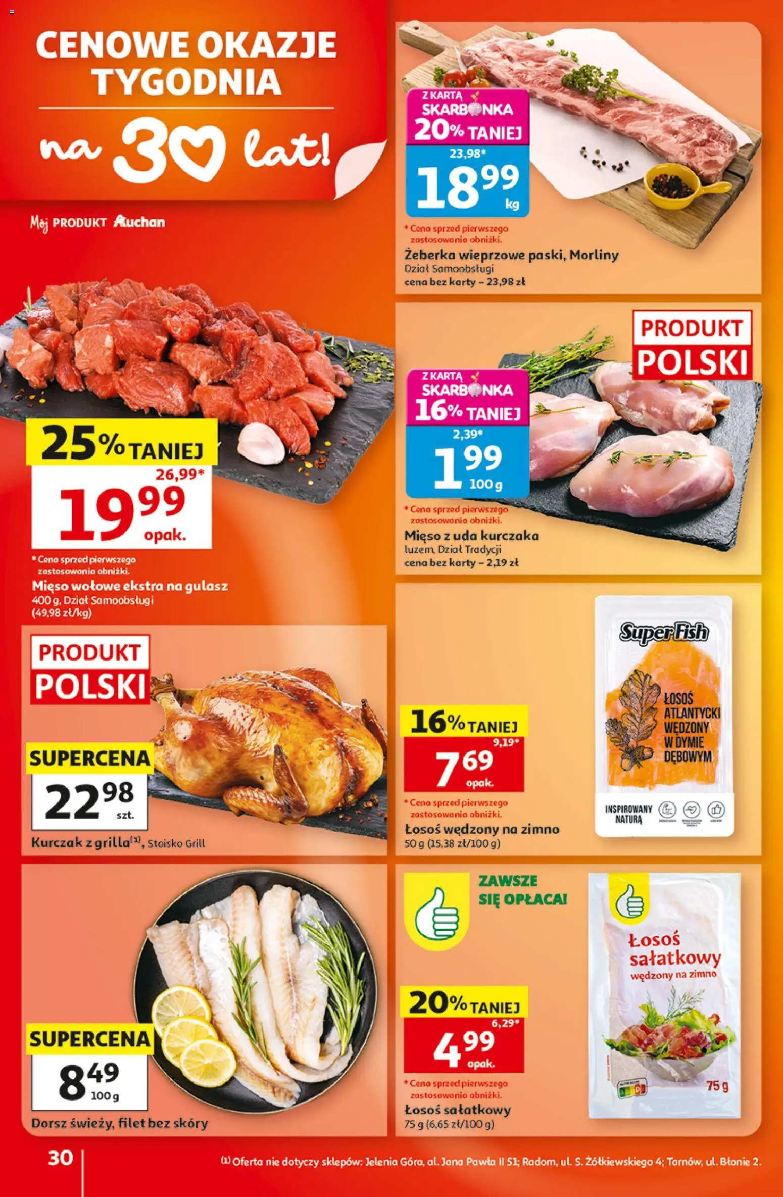 Auchan gazetka - 30 Lat Hipermarket od 20.08.2026 | Strona: 30 | Produkty: Karta, Żeberka, Kurczak, Łosoś