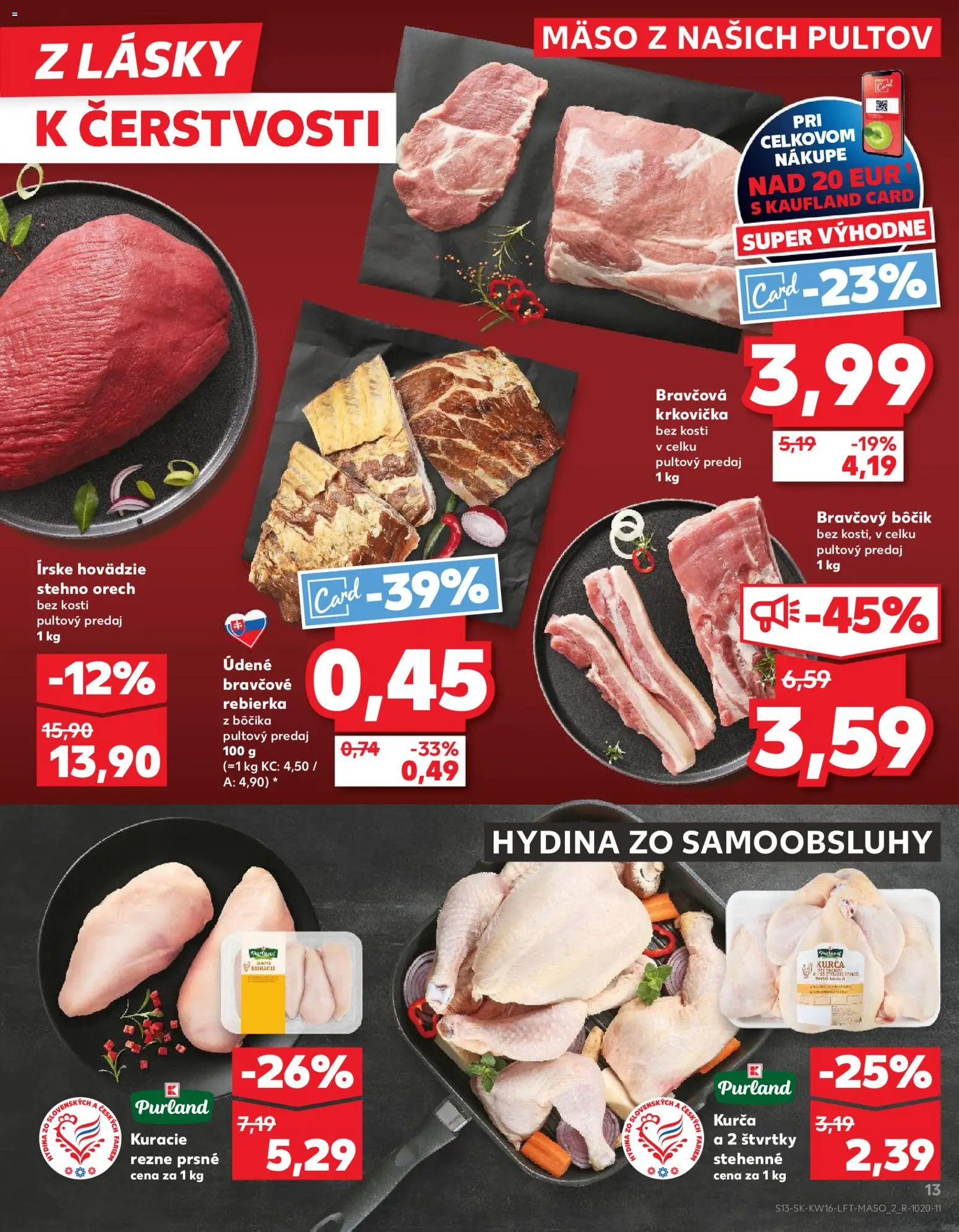 Nové Kaufland akcie – leták je platný od 16.04.2026 | Strana: 13 | Produkty: Bravčová krkovička, Bravčový bôčik, Krkovička, Kurča