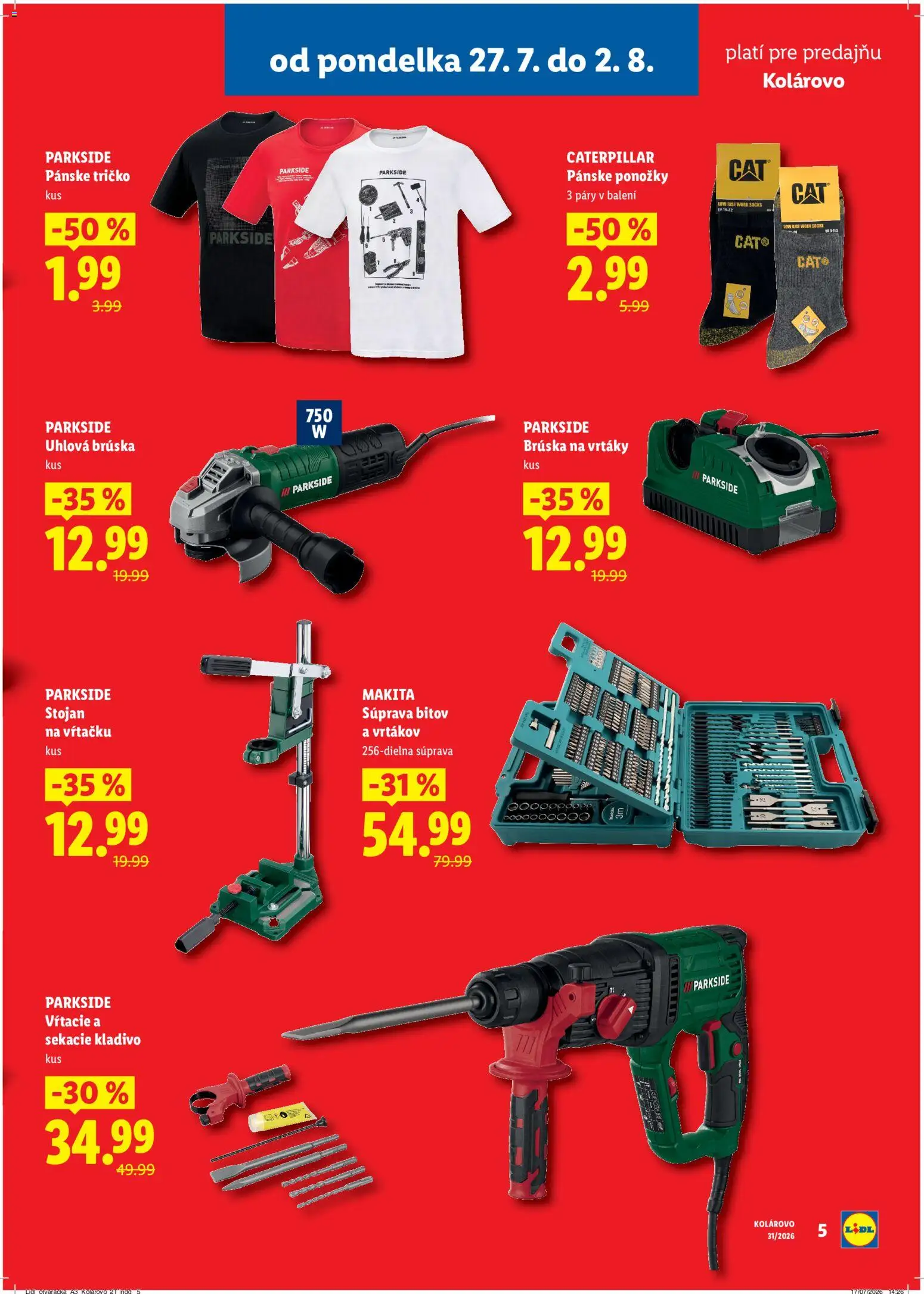 Nové Lidl akcie – leták je platný od 27.07.2026 | Strana: 5 | Produkty: Uhlová brúska, Parkside, Ponožky
