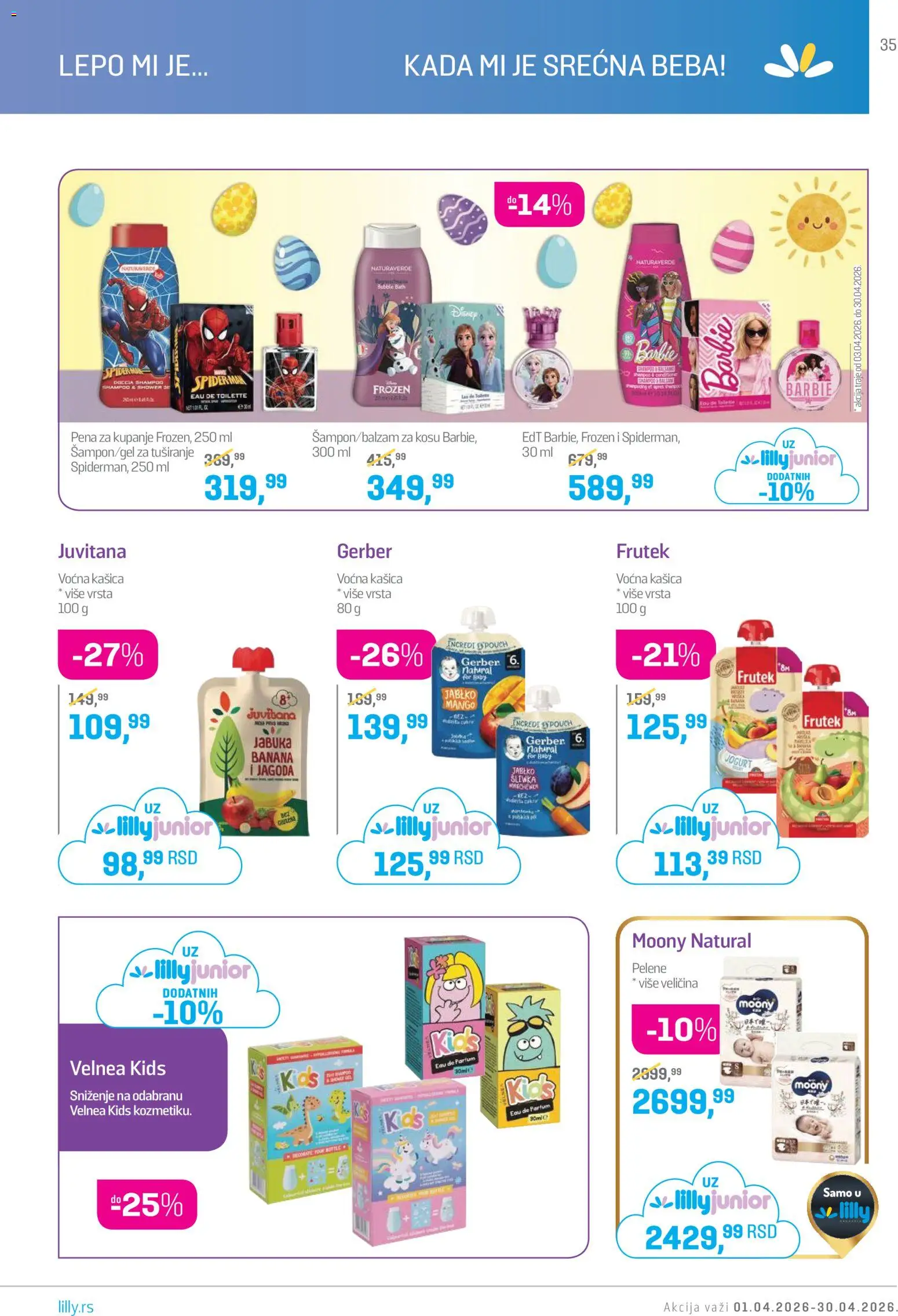 Lilly drogerie katalog - važi od 01.04.2026 | Strana: 35 | Proizvode: Banana, Jagoda, Barbie, Pelene