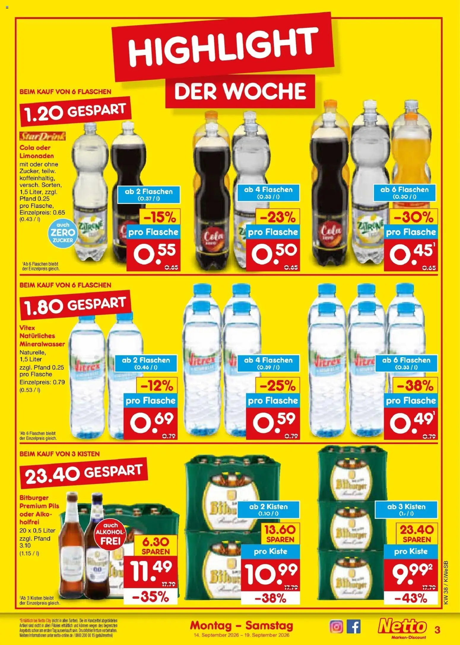 Netto Marken-Discount Prospekt Bad Friedrichshall – gültig ab 14.09.2026 | Seite: 3 | Produkte: Bitburger, Pils, Alkohol, Zitrone