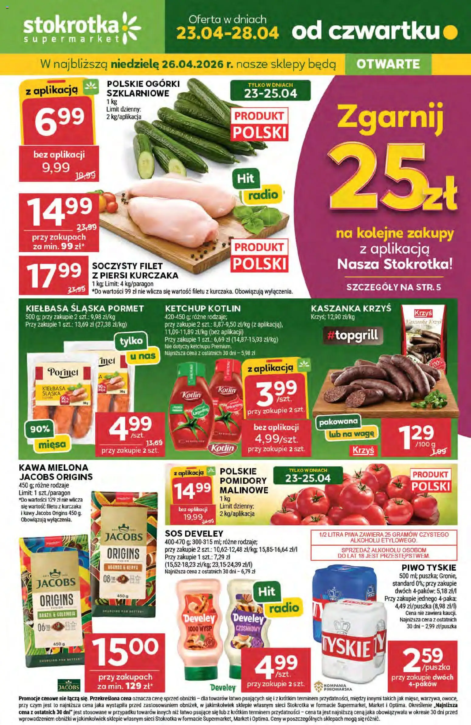 Stokrotka gazetka od 23.04.2026 | Strona: 1 | Produkty: Stokrotka, Kawa, Ogórki, Sos