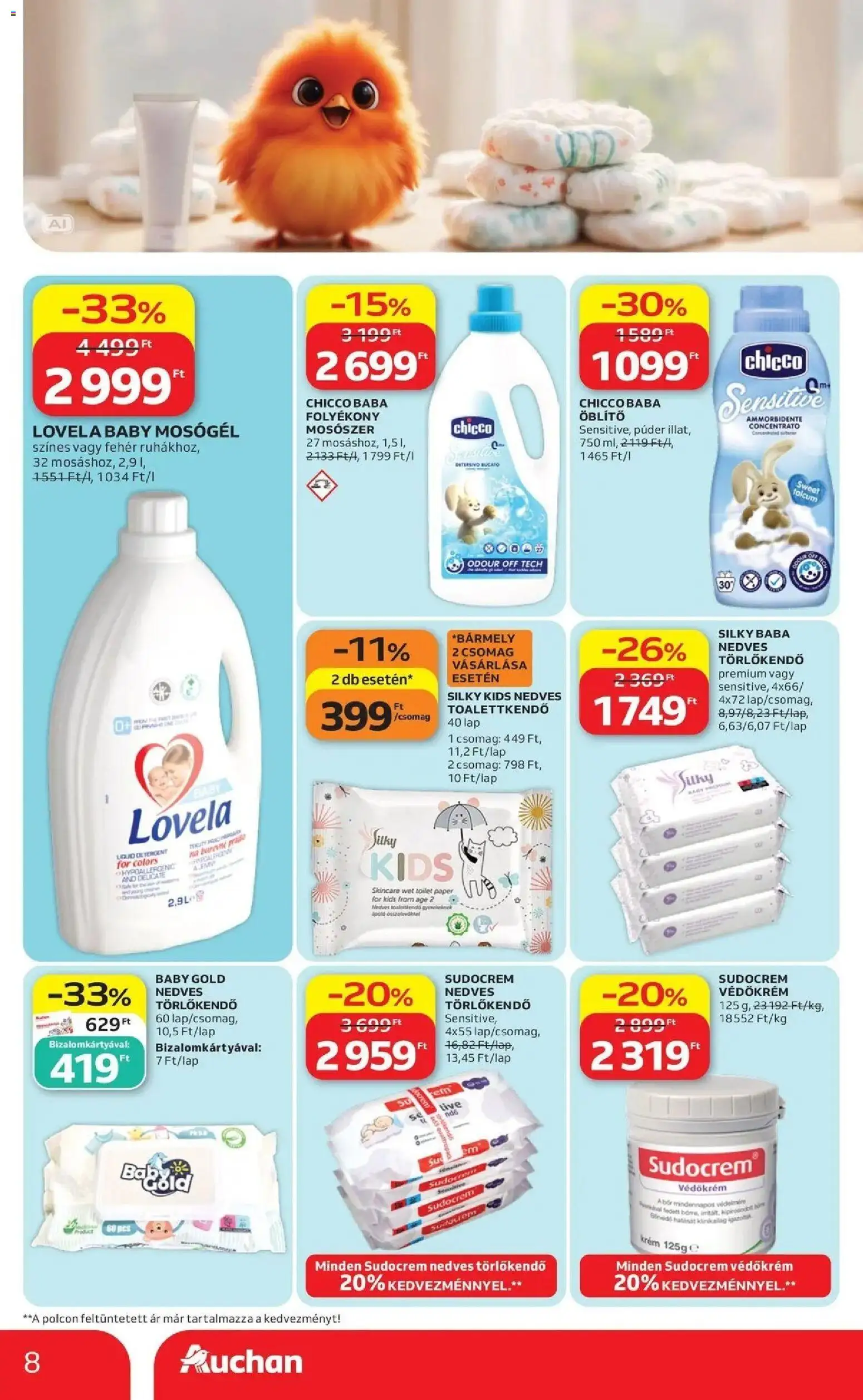 Auchan akciós újság Fót - 2026.09.24. -tól/töl > akció, lapozható szórólap 🛍️ | Oldal: 8 | Termékek: Törlőkendő, Lap, Sudocrem, Folyékony mosószer